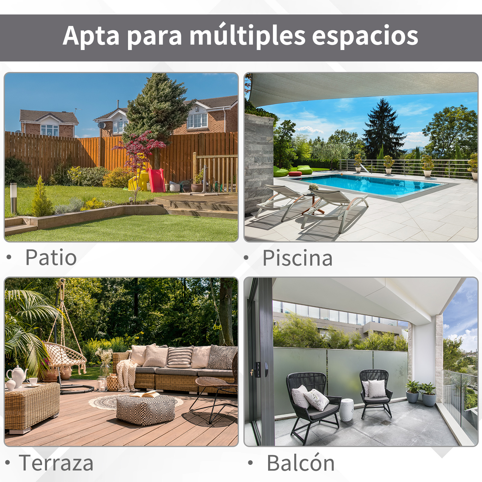 Cuatro imágenes de espacios exteriores: patio, piscina, terraza y balcón.