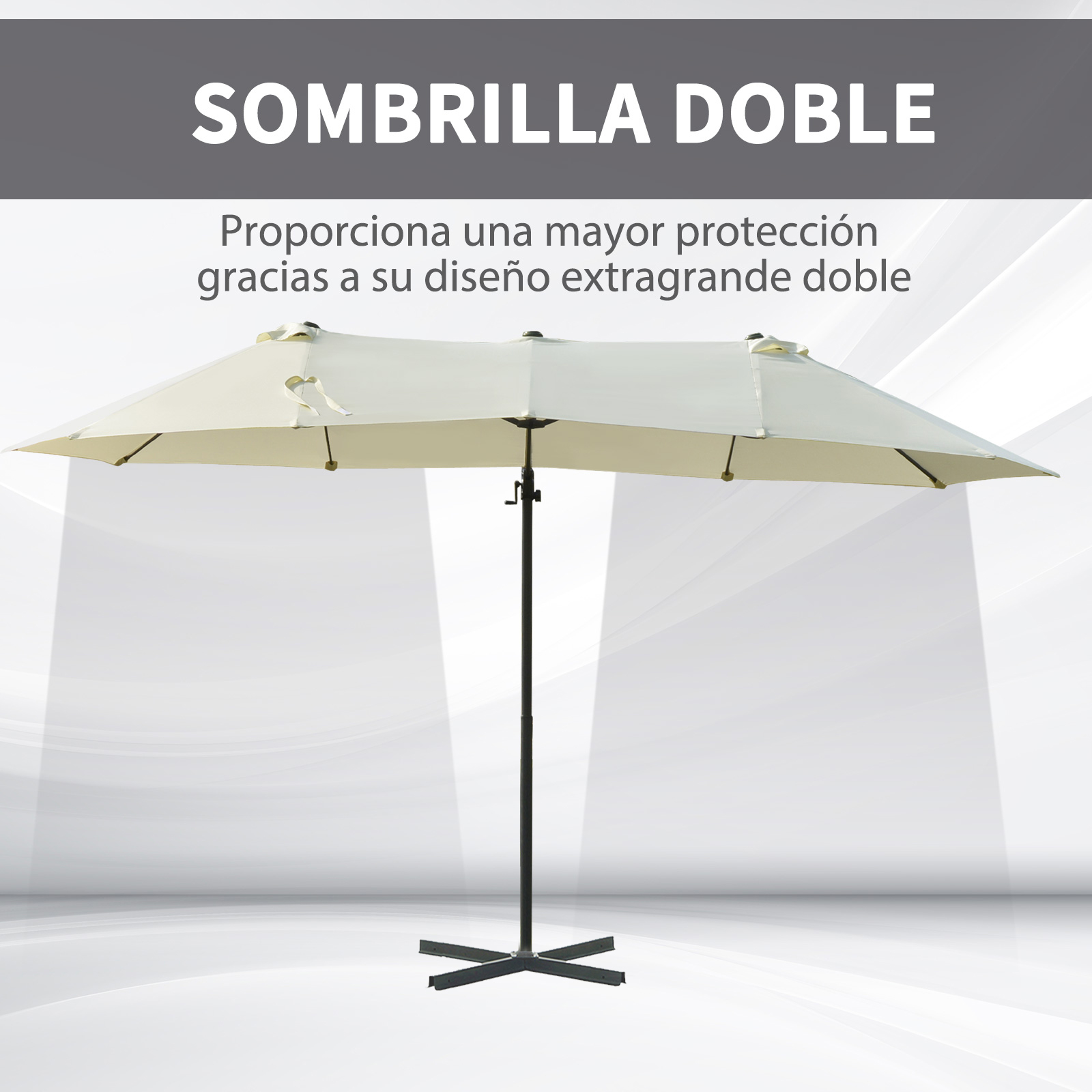 Una sombrilla doble, color crema, con soporte negro sobre fondo claro.