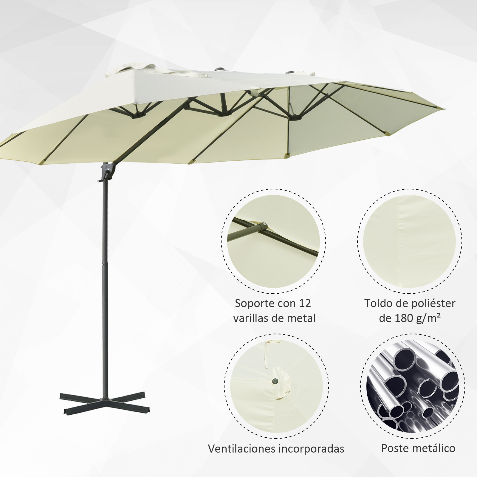 Un sombrilla de patio beige con soporte metálico y detalles.