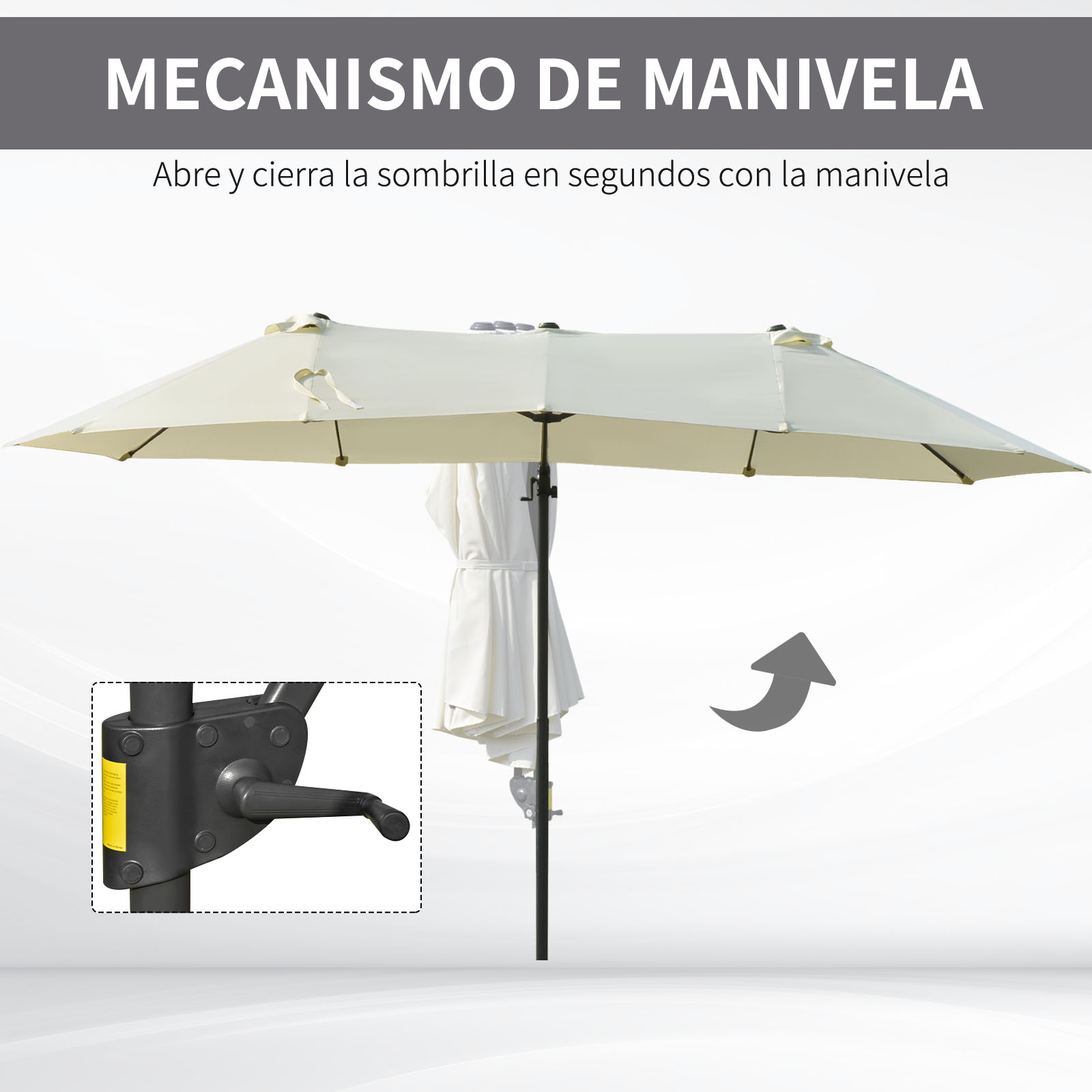 Un parasol abierto color crema con mecanismo de manivela y un parasol cerrado al lado.