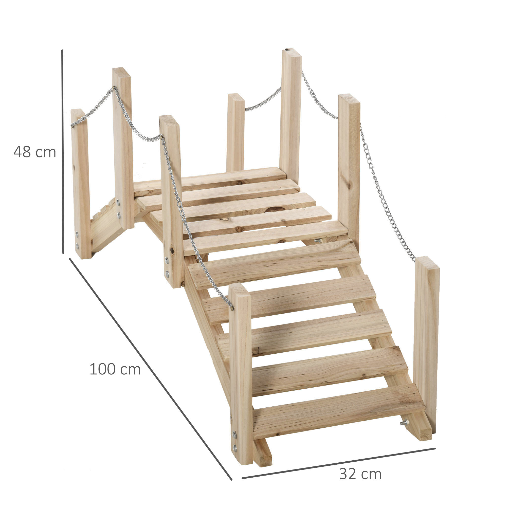 Puente de madera con escaleras y cadenas metálicas. Dimensiones: 100x32x48 cm.