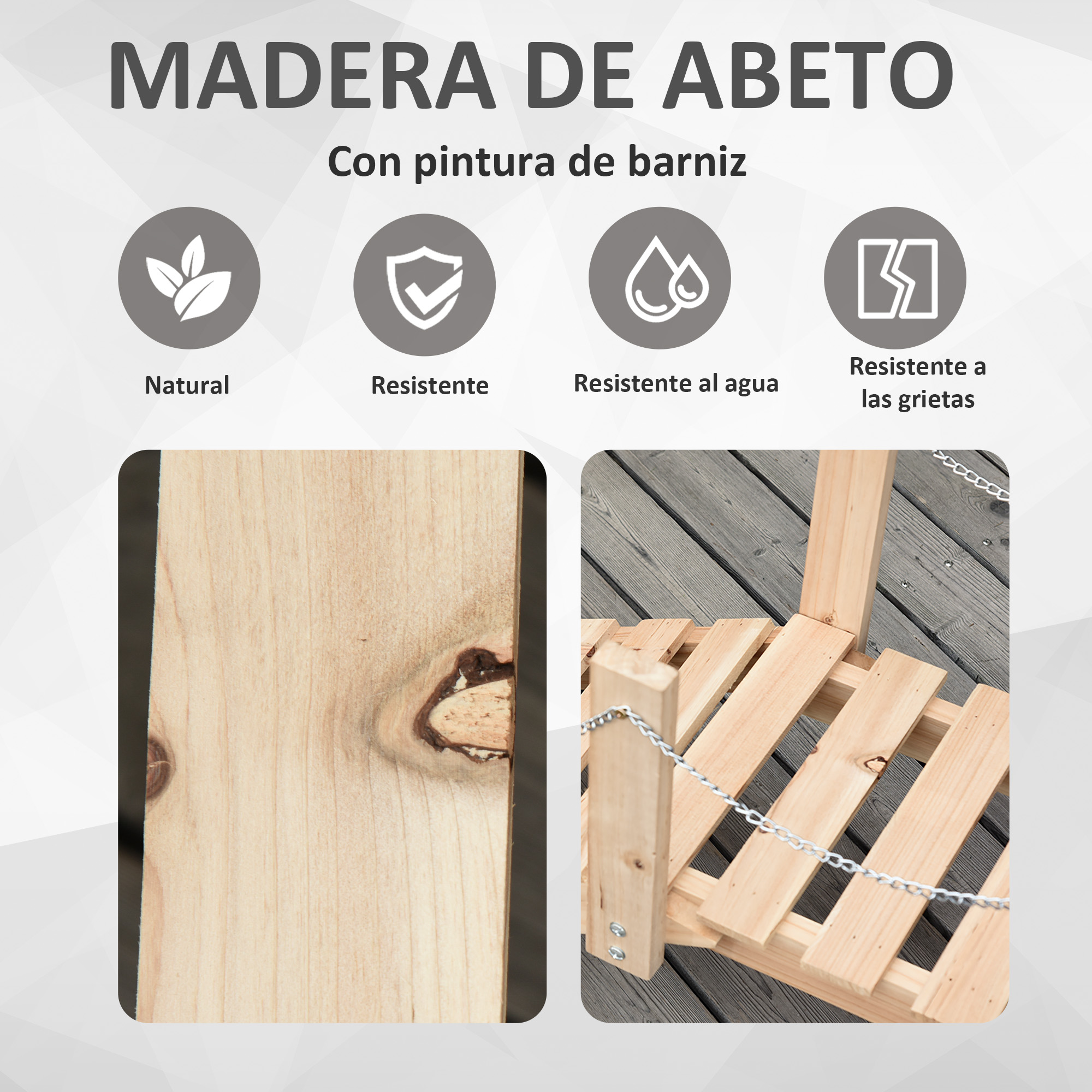 Textura de madera con cuatro íconos: natural, resistente, impermeable, anti-grietas.