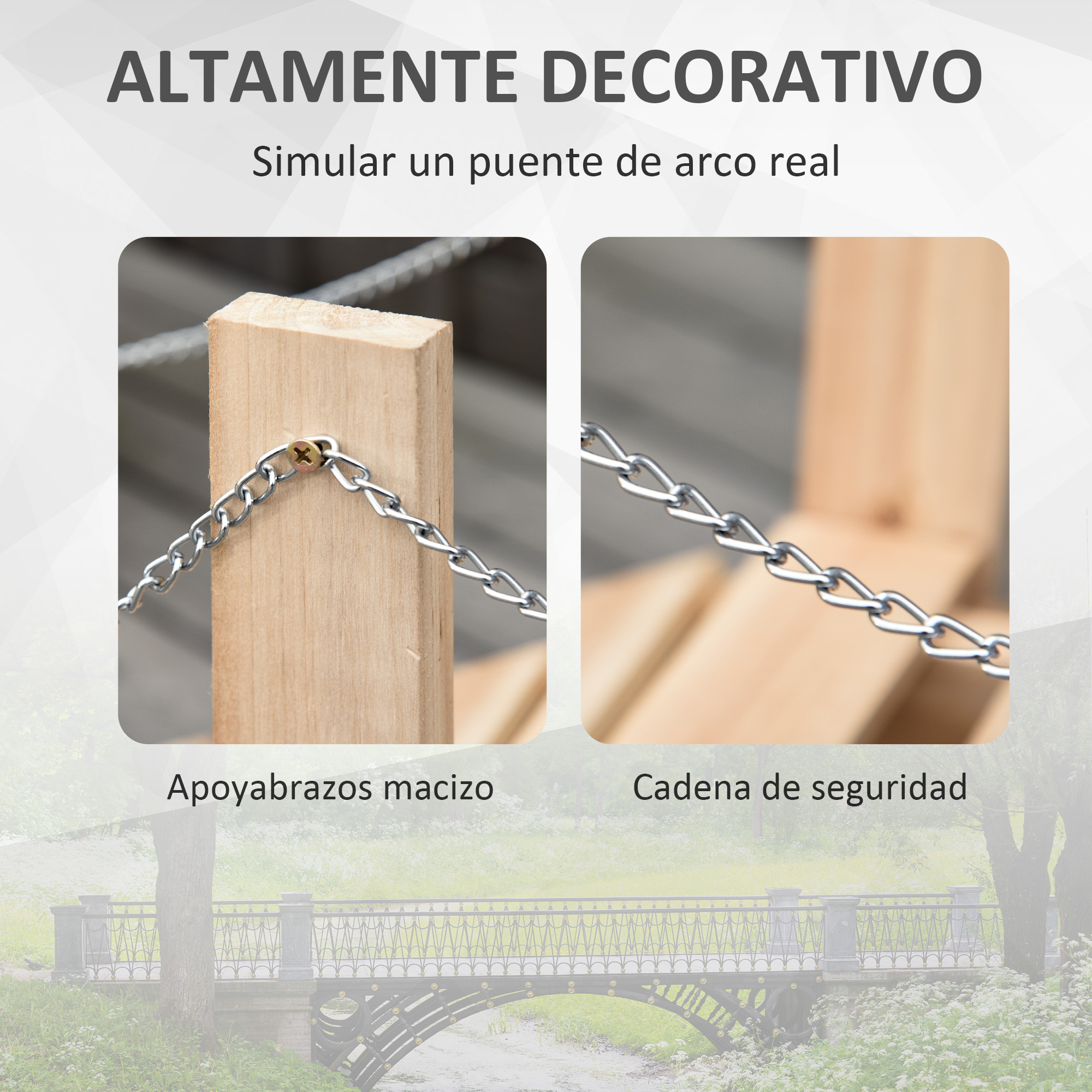 Poste de madera con cadena asegurada por tornillo y puente decorativo.
