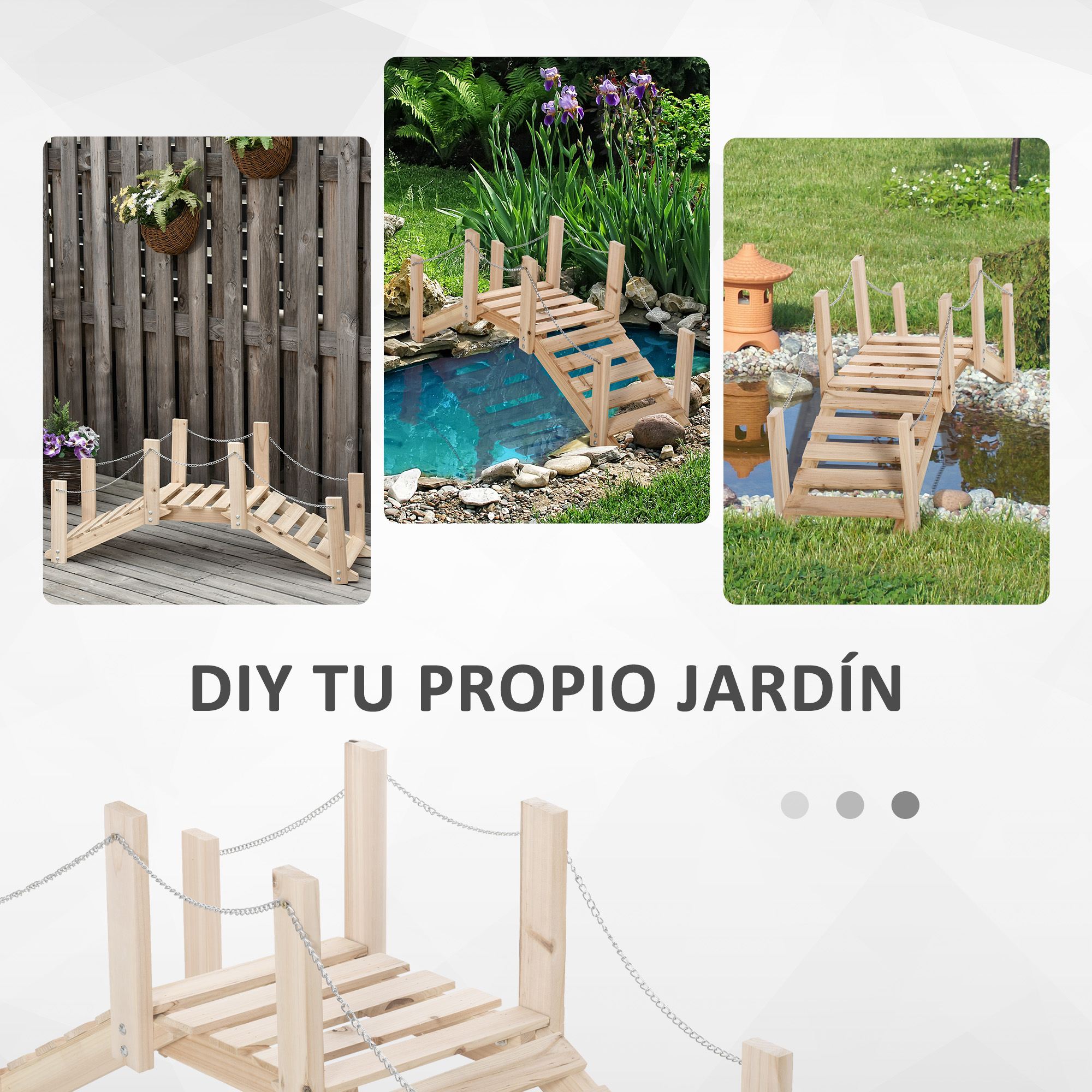 Un puente de madera con barandillas de cadena cruza un estanque con lirios y guijarros.