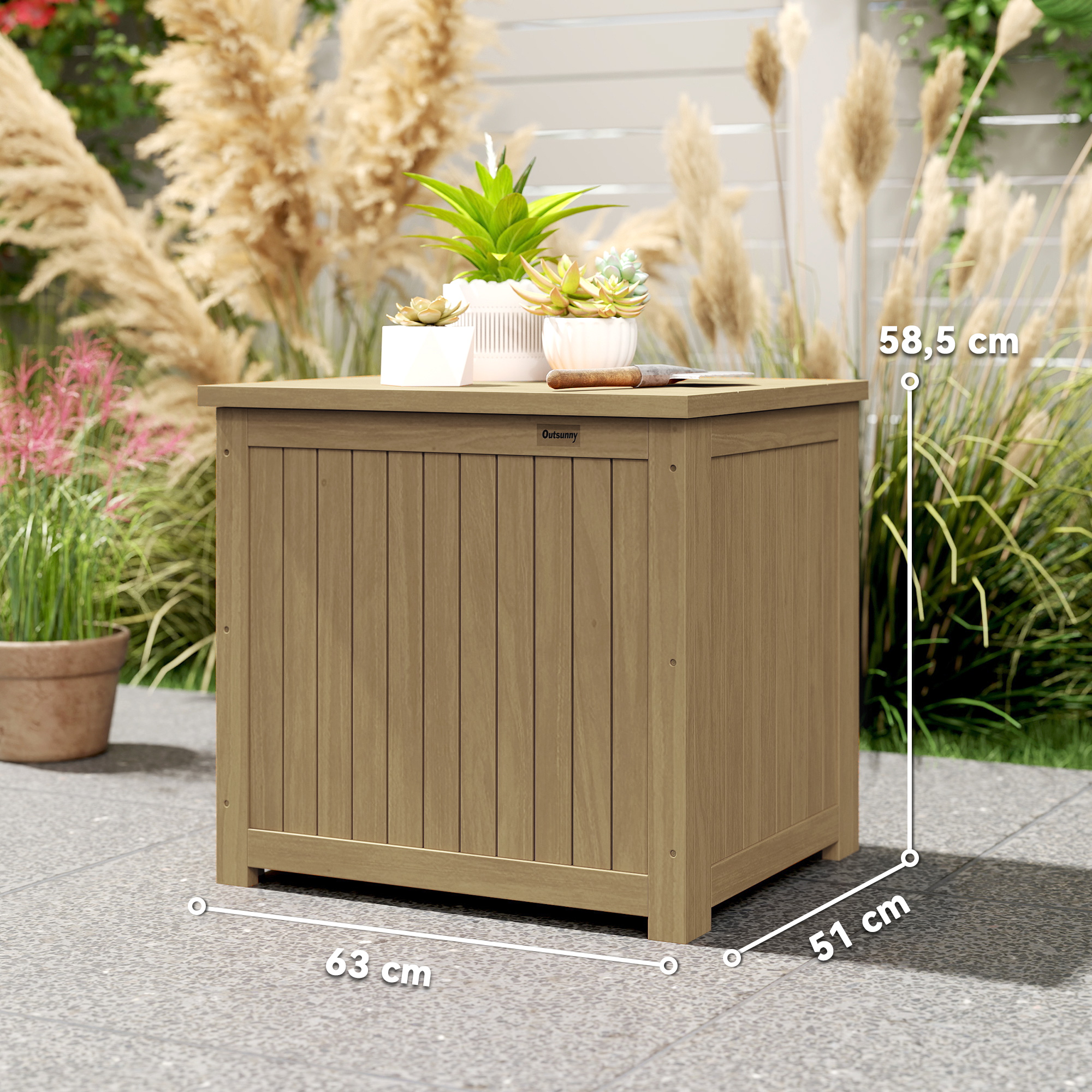 Caja de almacenamiento de madera con plantas, dimensiones 63x51x58,5 cm.