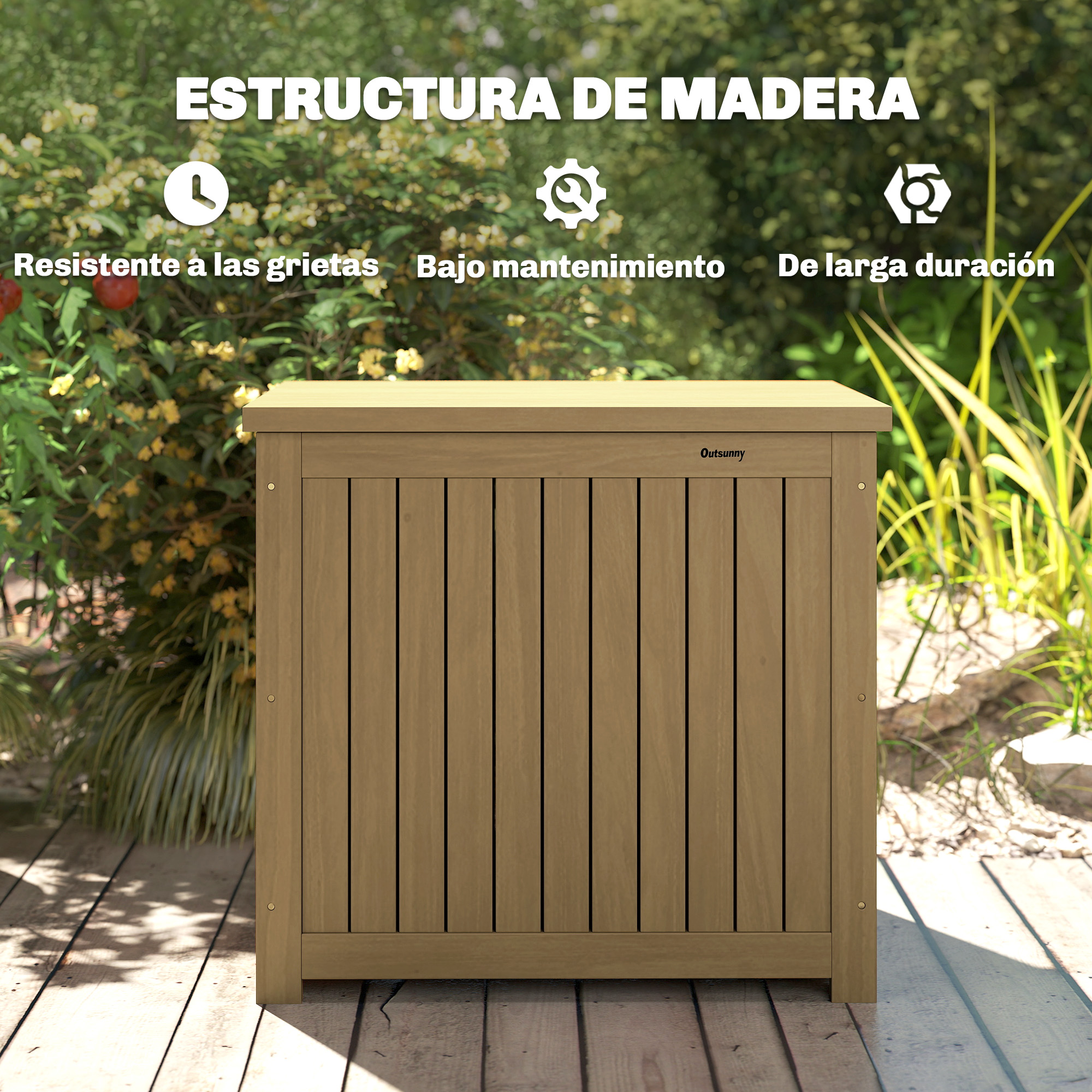 Caja de almacenamiento de madera marrón con listones verticales, al aire libre.