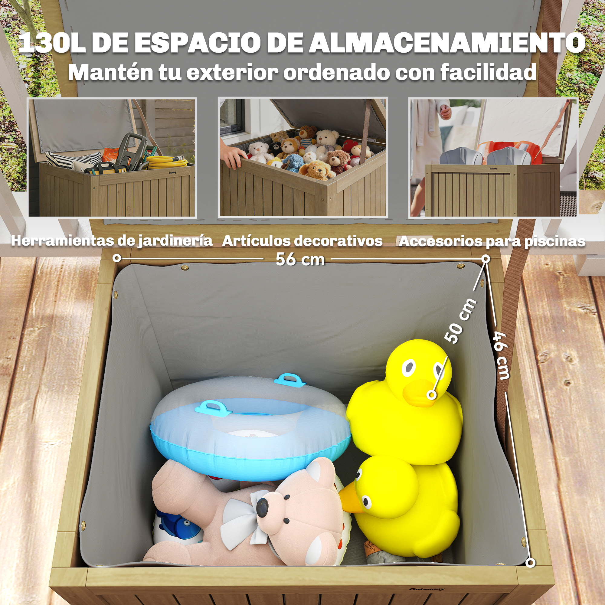Caja de madera con juguetes: flotador, oso de peluche, dos patos amarillos.