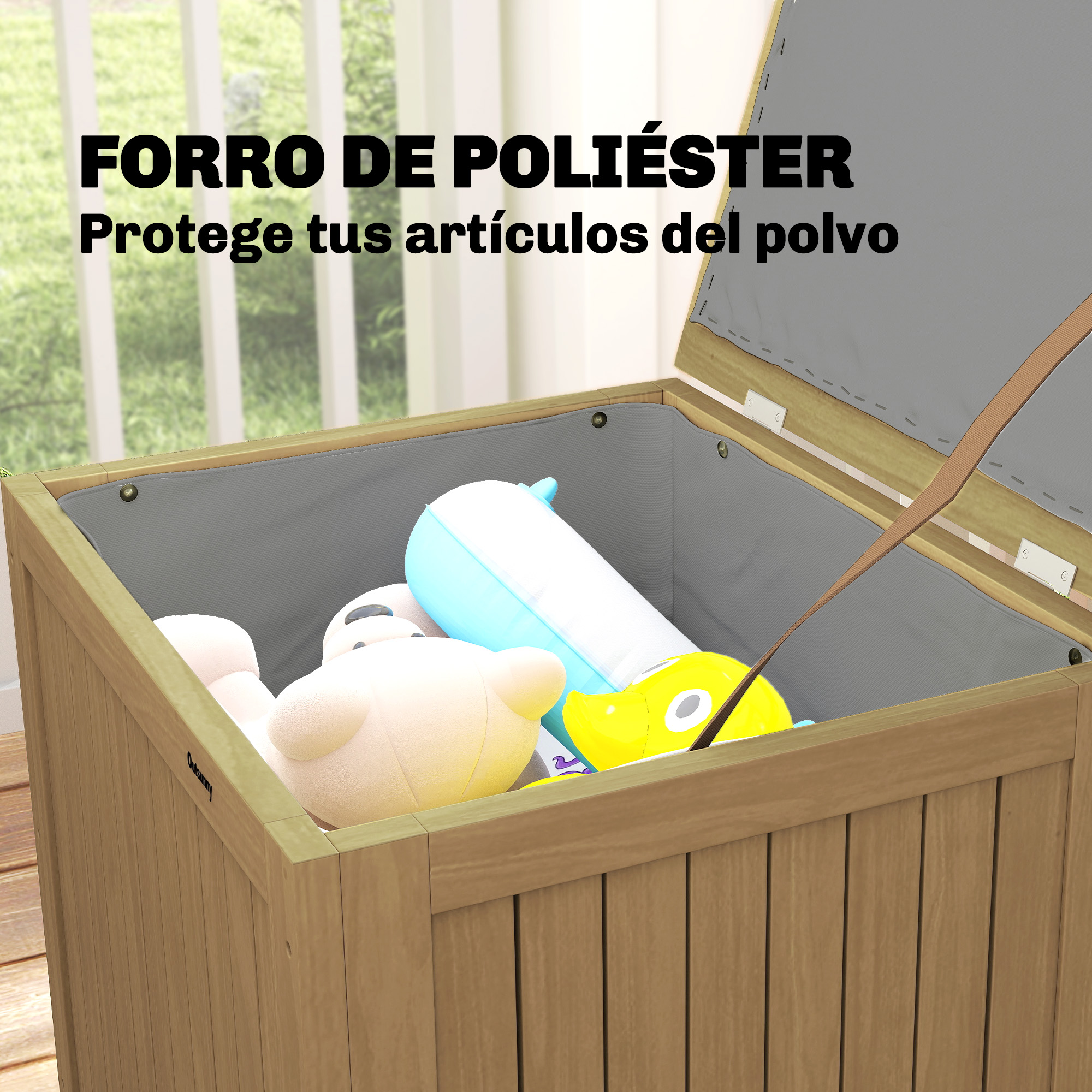 Cofre de almacenamiento de madera con forro de tela gris y juguetes de peluche dentro.