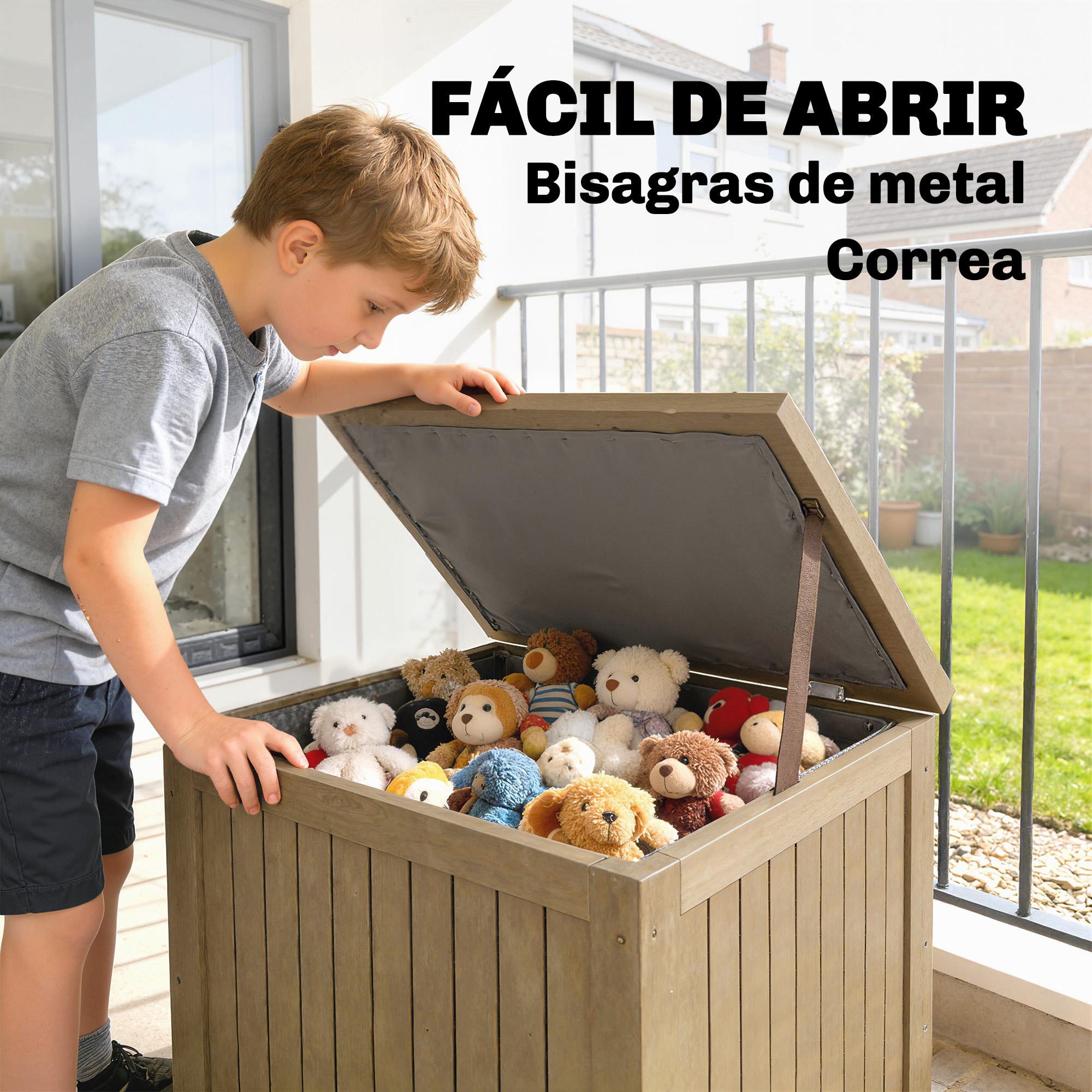 Un niño mira dentro de un baúl de madera lleno de ositos de peluche y peluches.