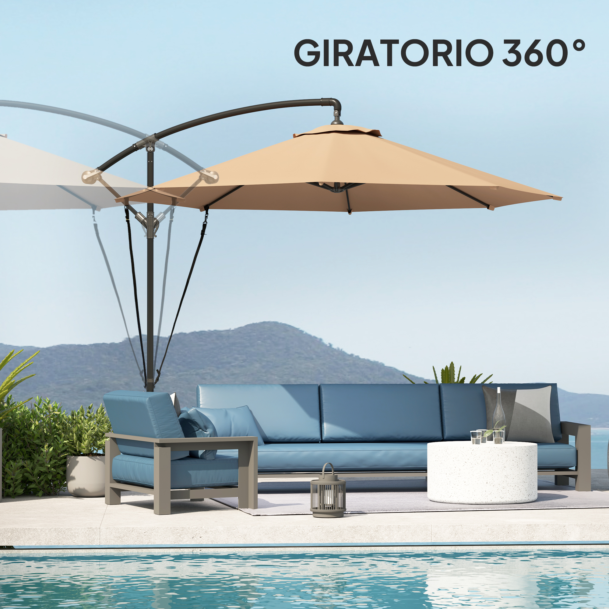 Un parasol beige sobre un sofá y sillón azules junto a una piscina.