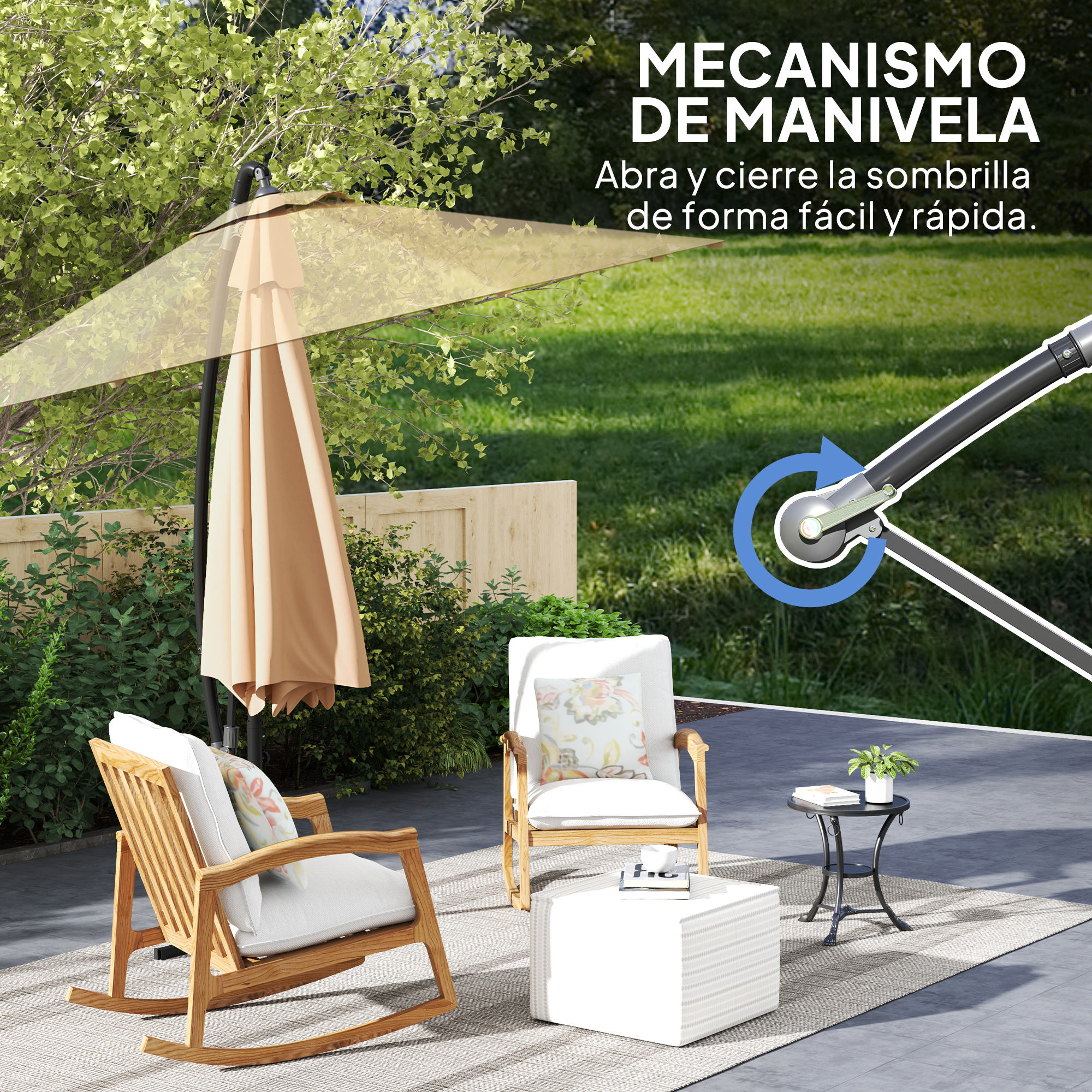 Muebles de exterior con sombrilla y mecanismo de manivela.