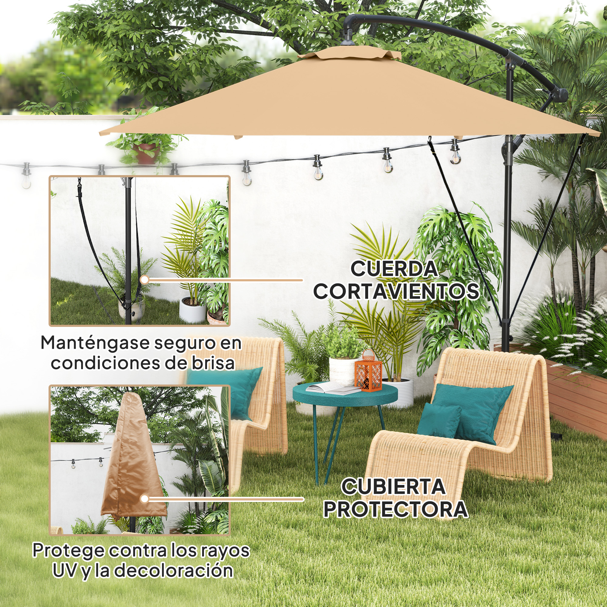 Un paraguas de patio con cubierta protectora y cuerda cortavientos.