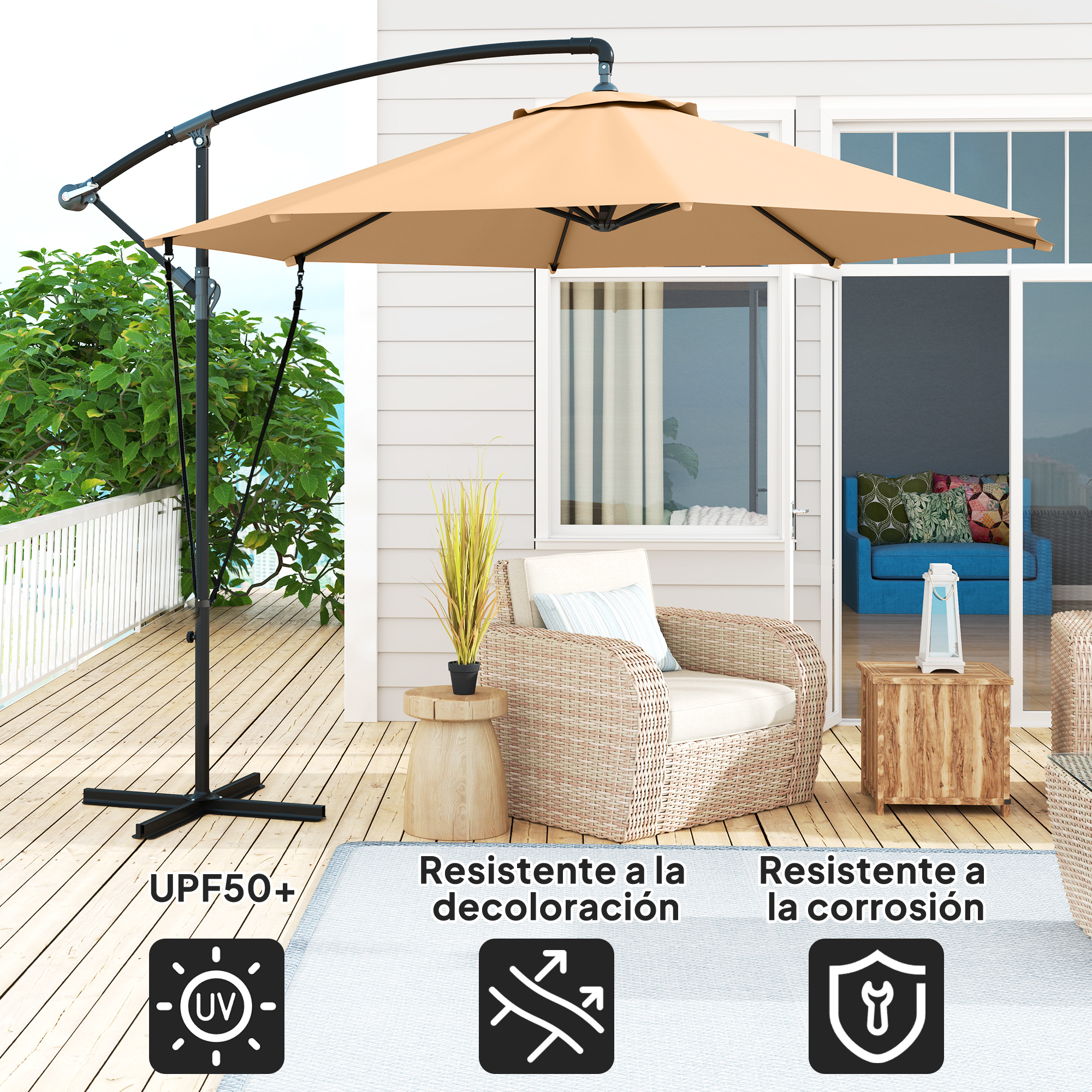 Un parasol voladizo beige con marco negro en una terraza de madera con muebles.