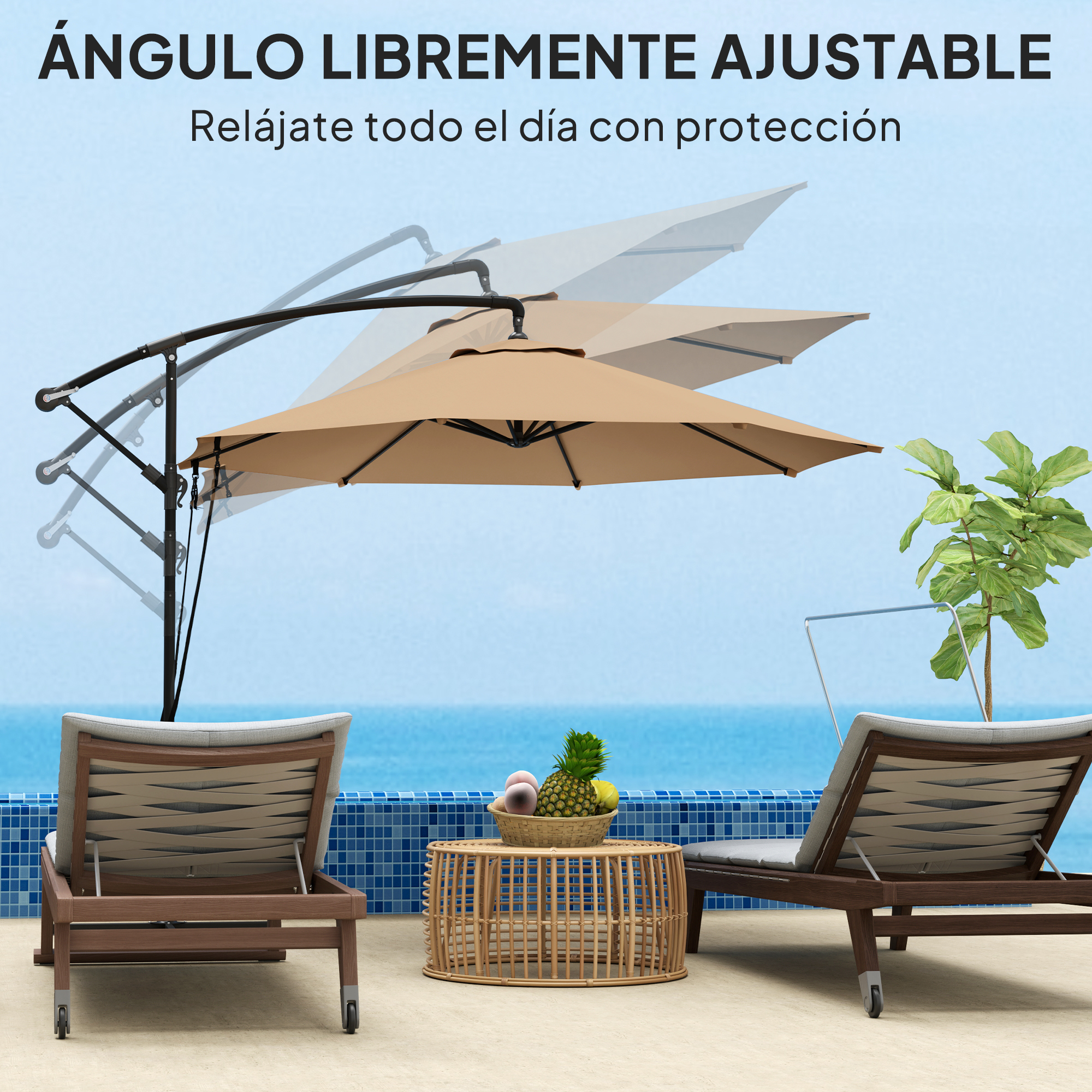 Un sombrilla de patio ajustable sobre sillas de salón junto a una piscina con cesta de frutas.