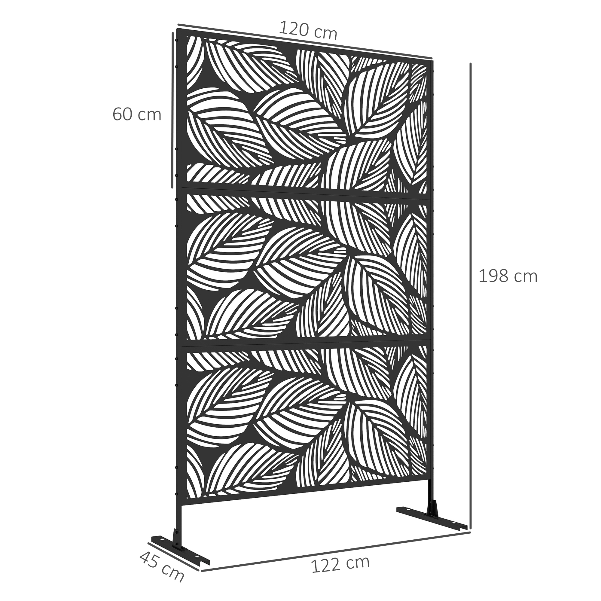 Biombo negro con diseño de hojas, 198 cm de alto, 120 cm de ancho.