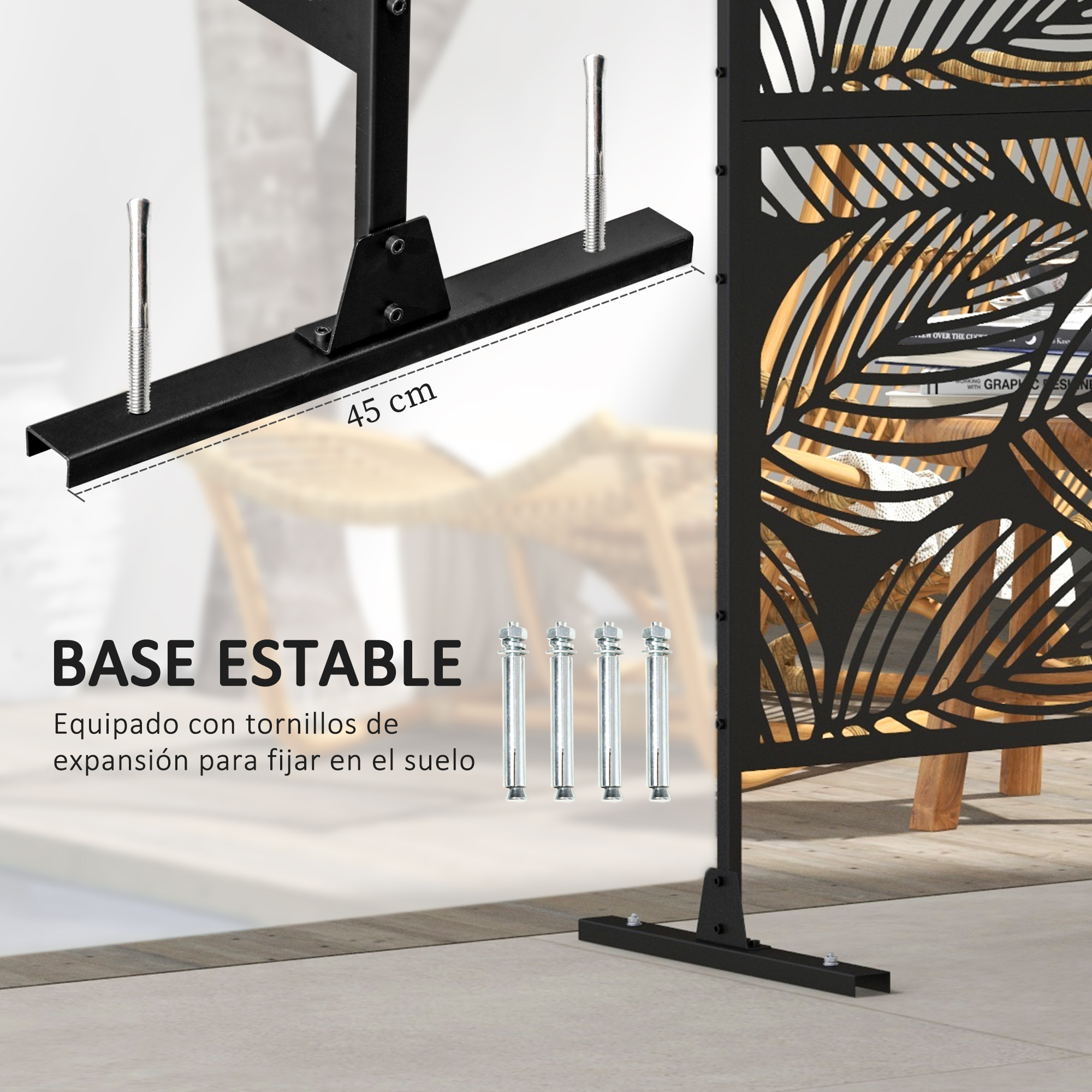 Base metálica negra de 45 cm, con tornillos de expansión.