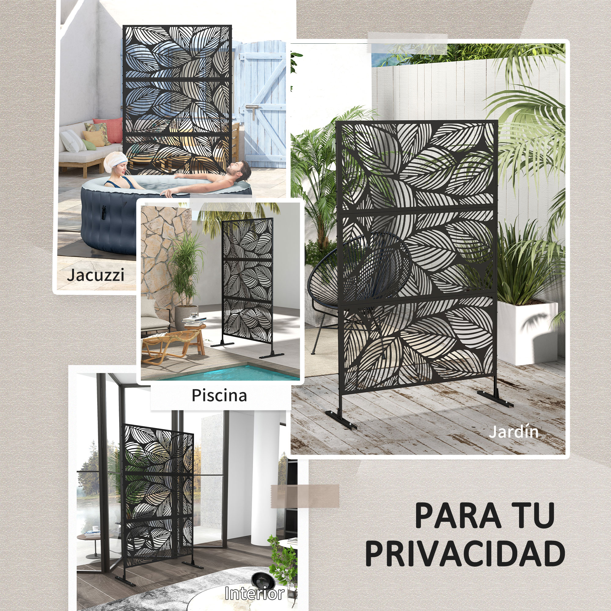 Biombo decorativo negro con estampado de hojas en jardín y piscina.