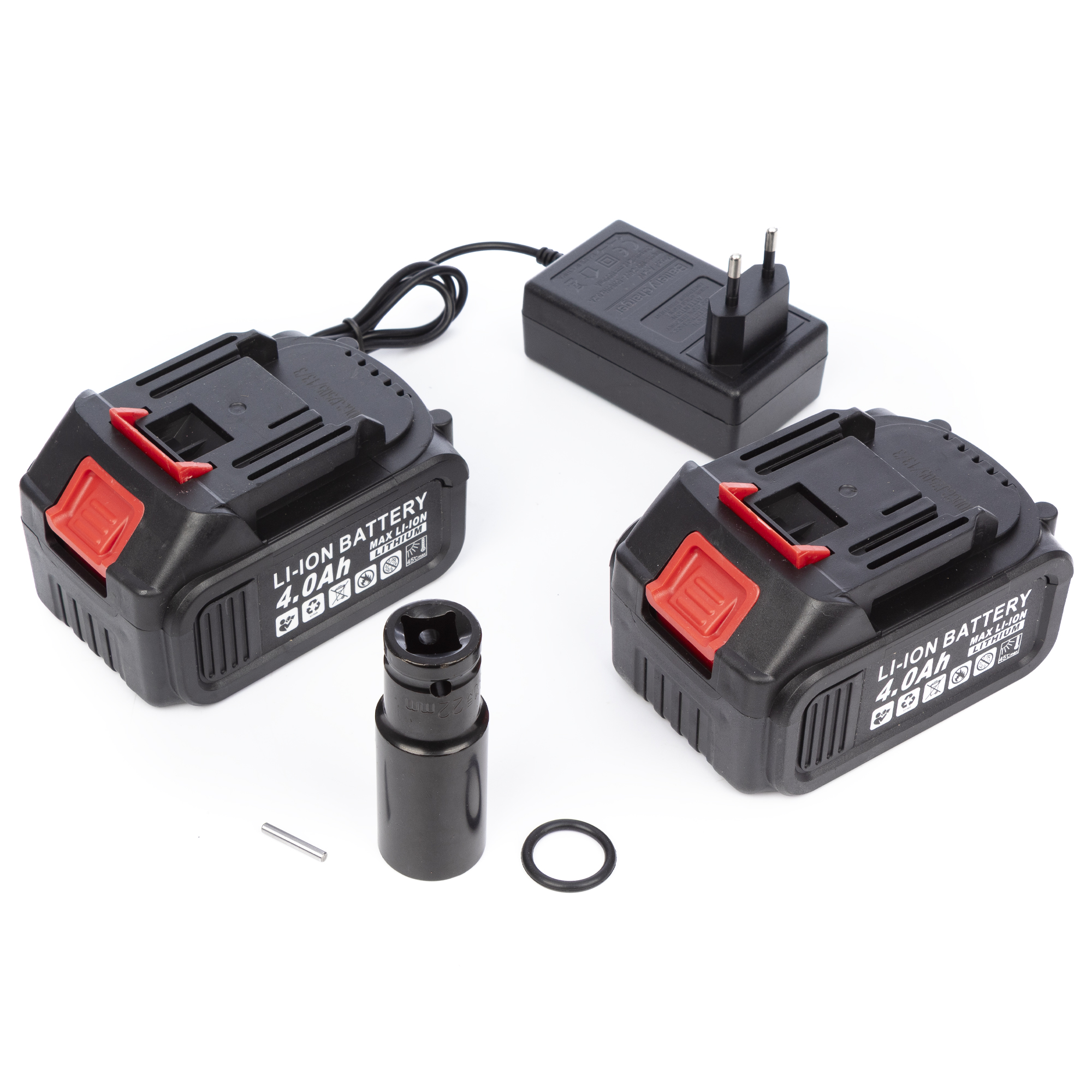 Due batterie Li-Ion nere da 4.0Ah, un caricabatterie, una bussola e un perno.