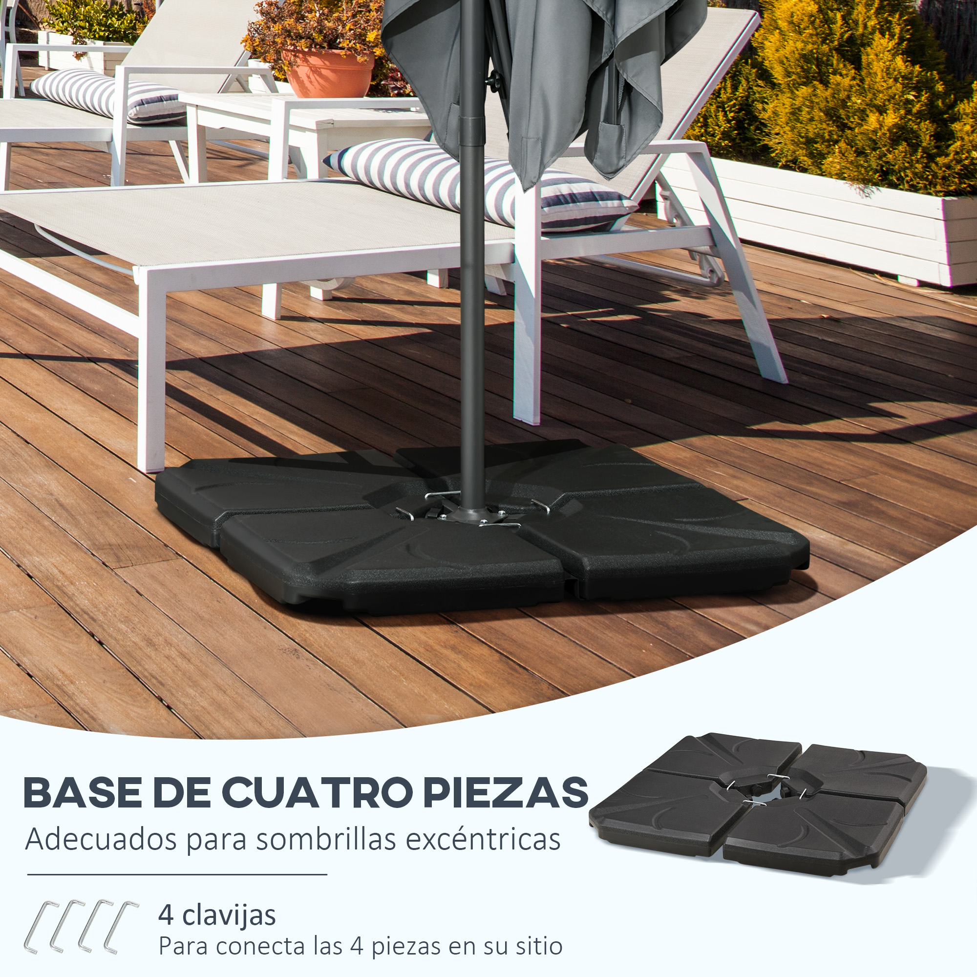 Una base de sombrilla negra de cuatro piezas sobre una terraza de madera.