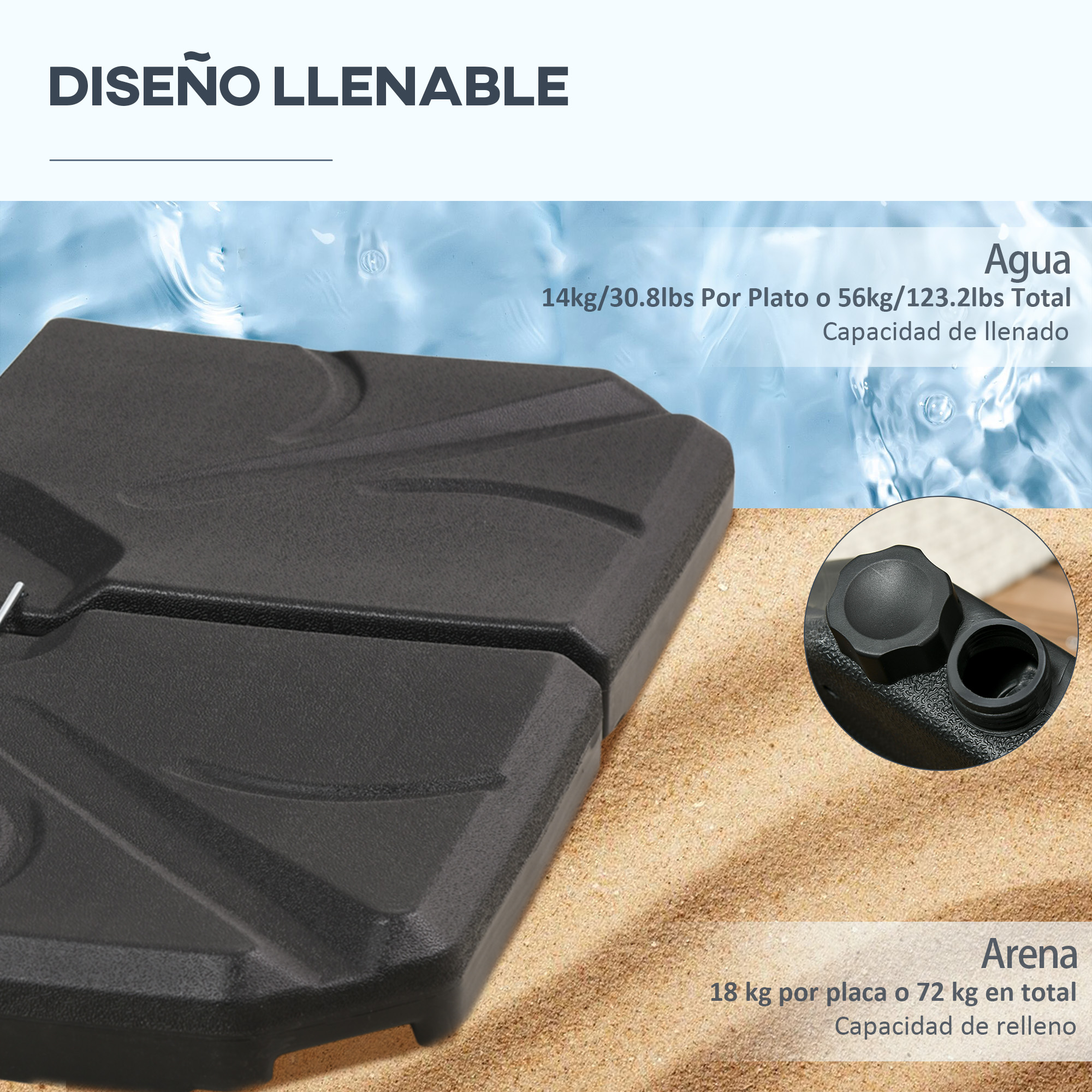 Base rellenable negra para sombrillas en arena, con capacidad de agua y arena.
