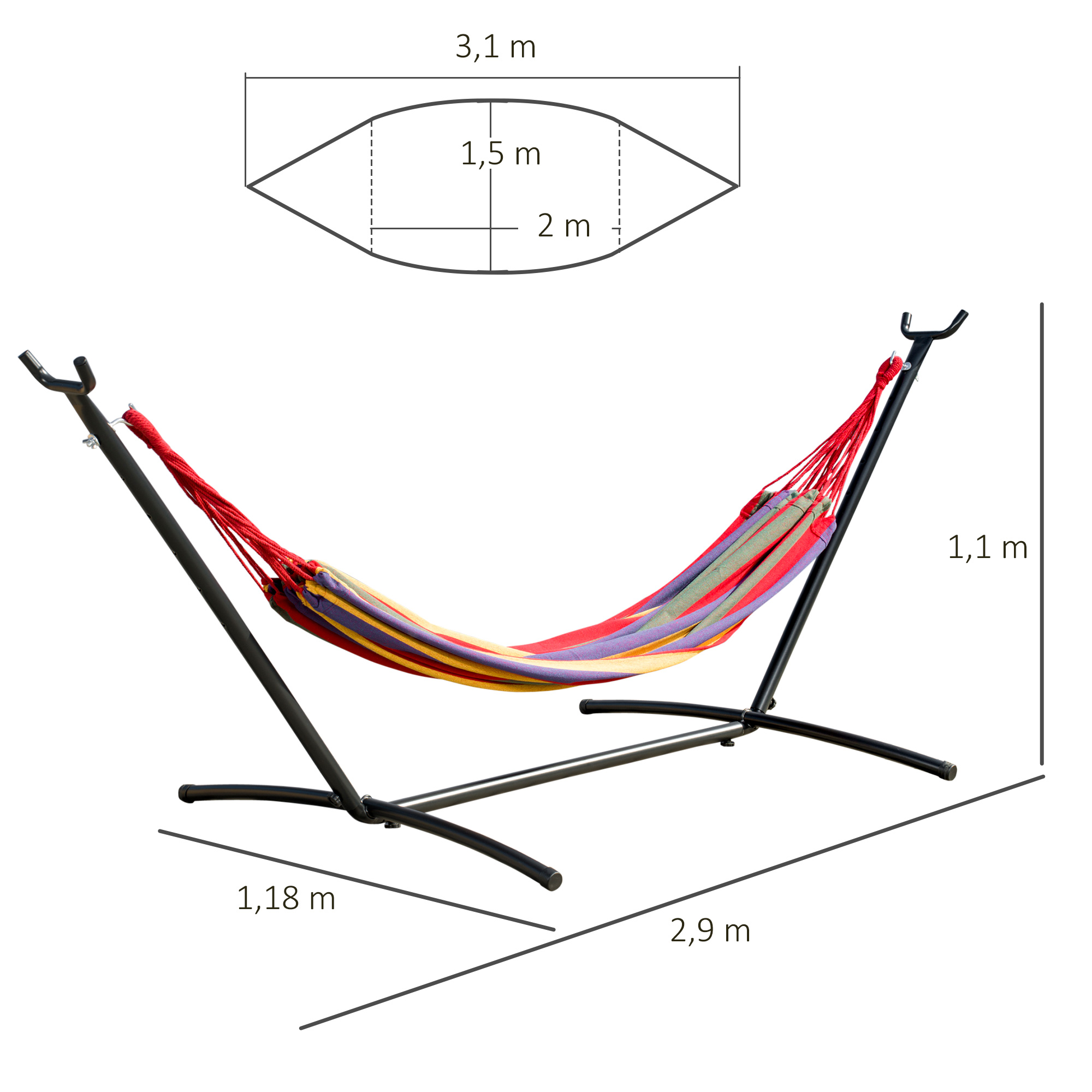 Hamaca con soporte, rayas coloridas y dimensiones mostradas.