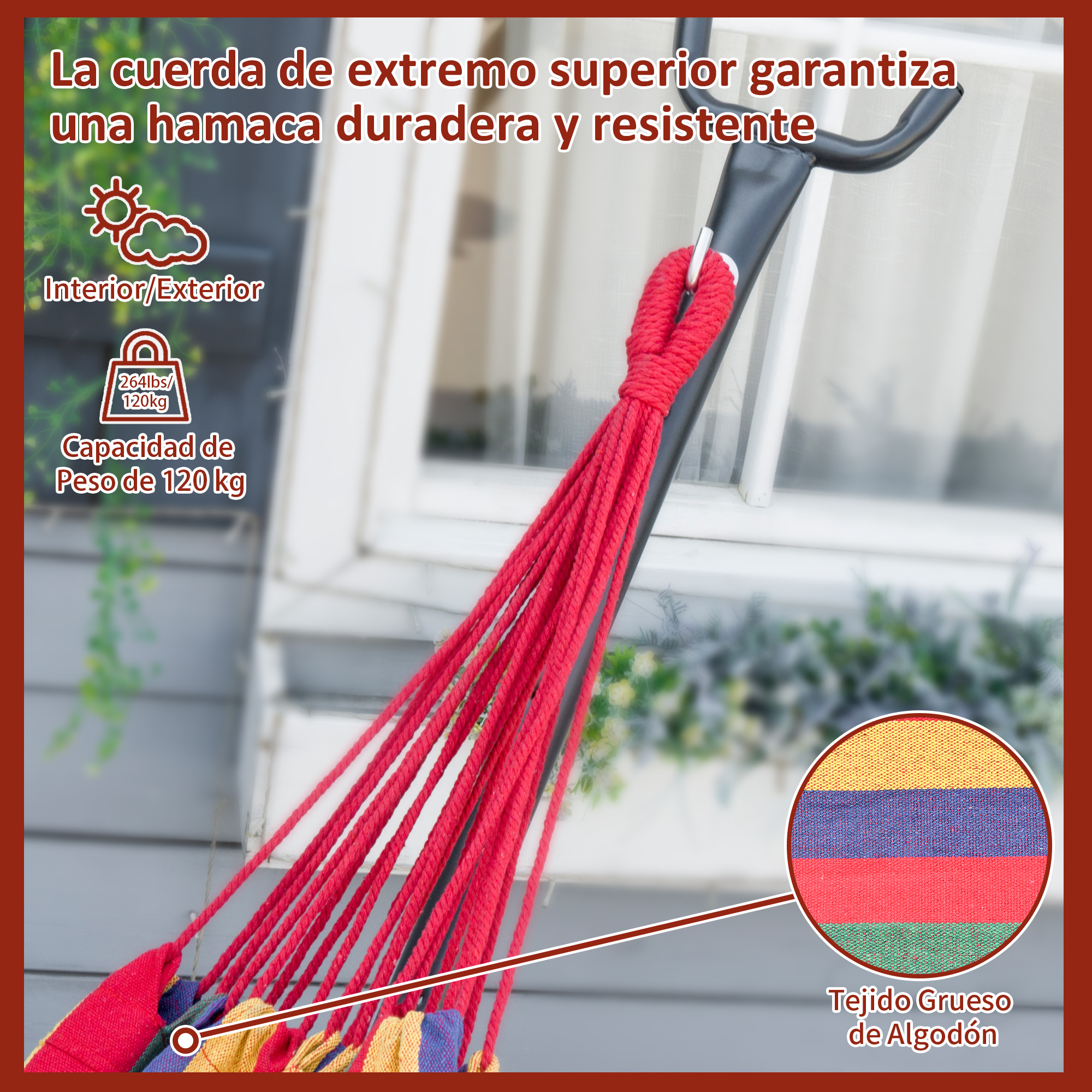 Cuerdas rojas de una hamaca colorida cuelgan de un gancho sobre una ventana.