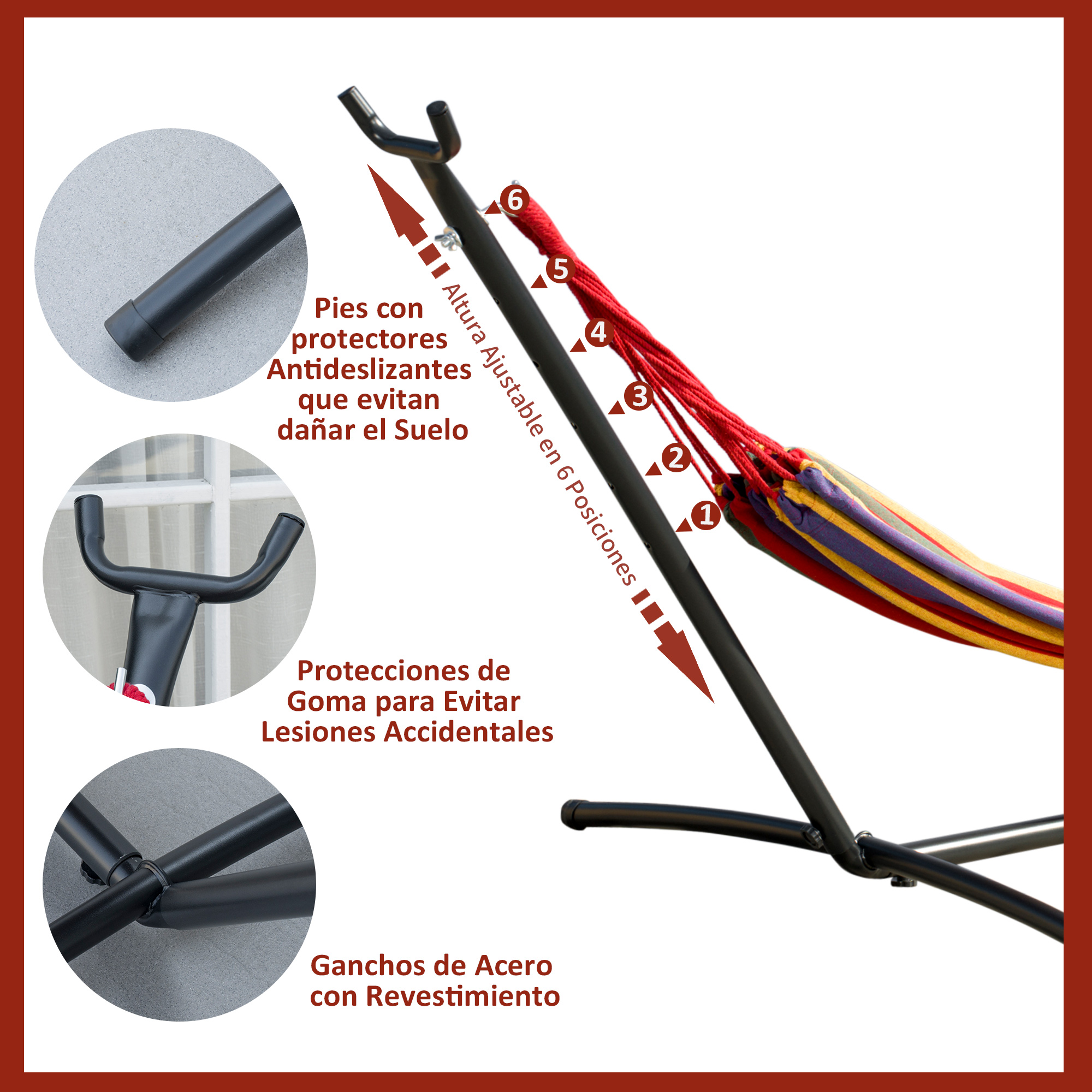 Soporte de hamaca con pies antideslizantes, altura ajustable, protección de goma.