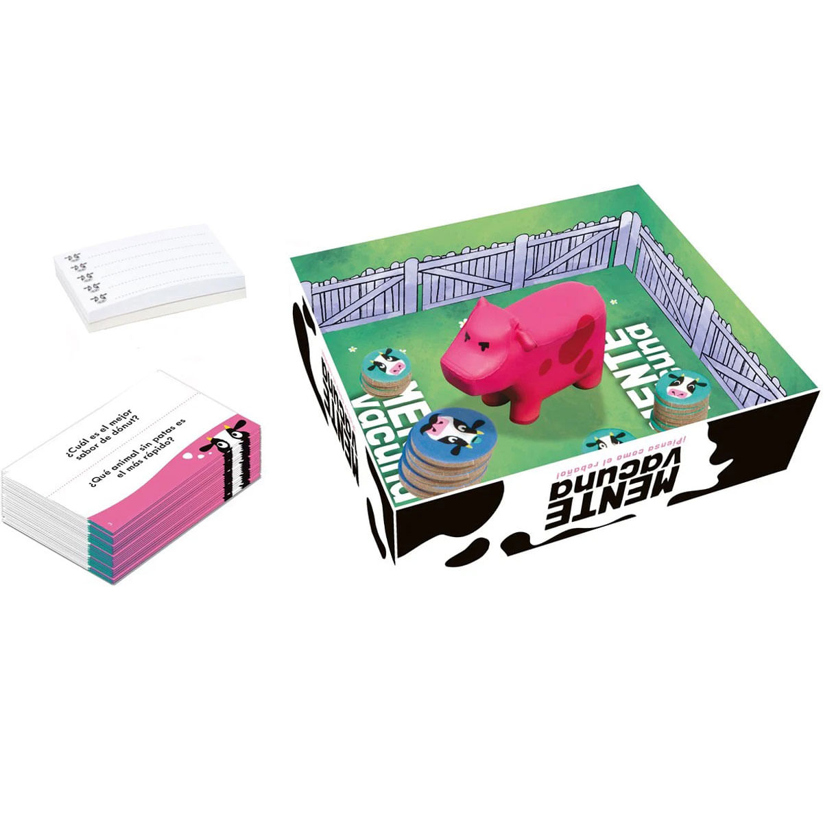 Un cerdo rosa en un tablero de juego con fichas de vaca y cartas.
