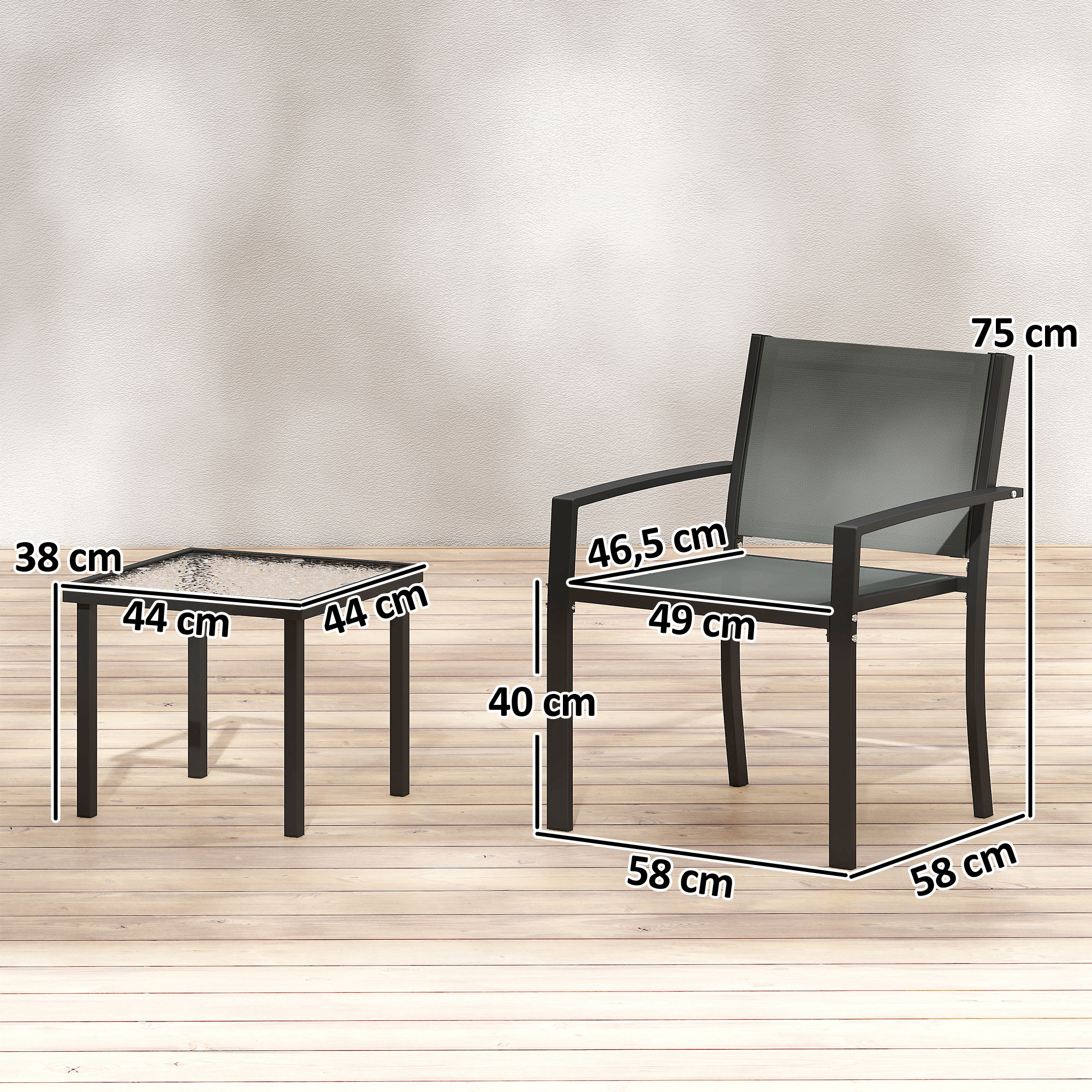Una silla gris y una mesa de cristal con dimensiones mostradas.