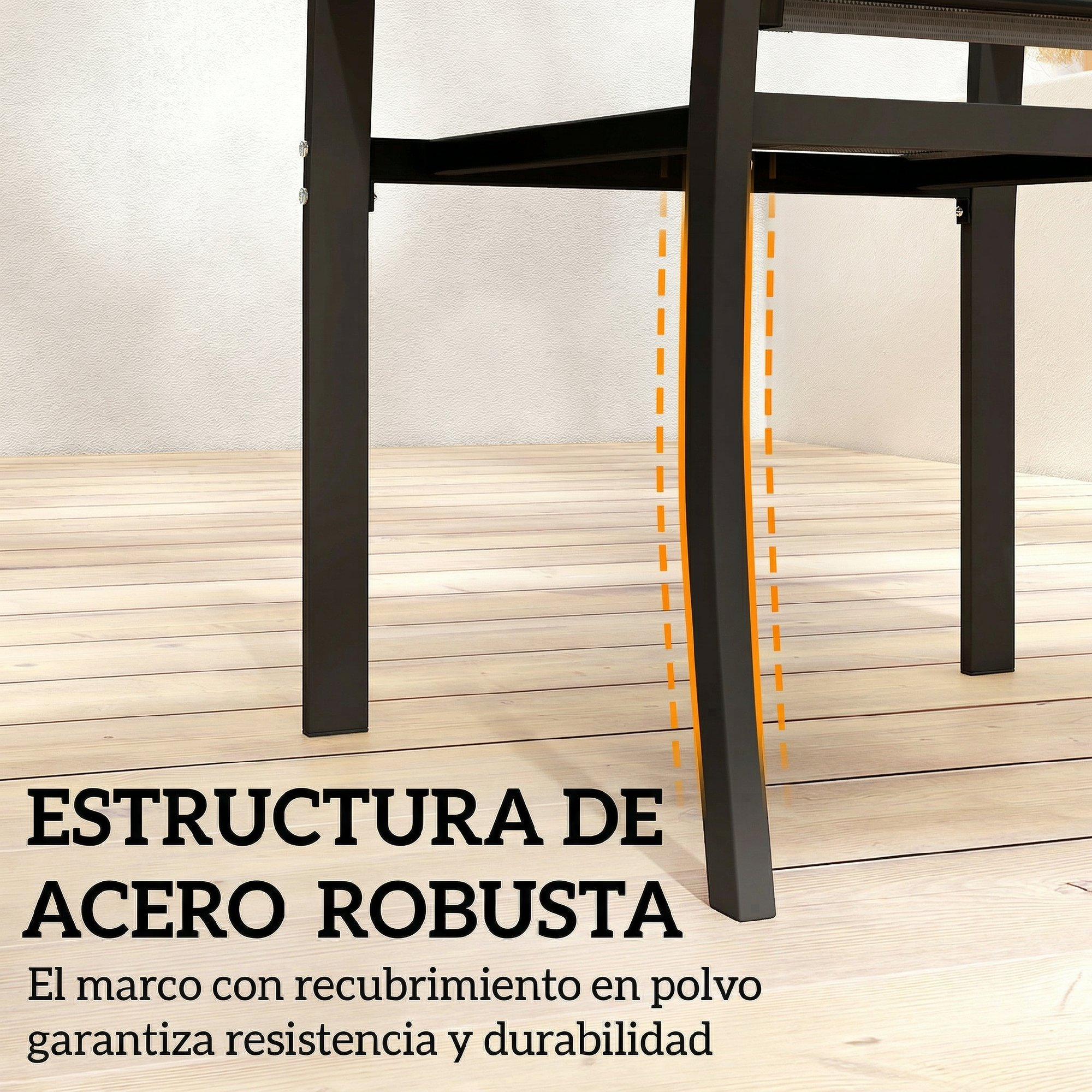 Marco de mesa de metal negro sobre suelo de madera con pared blanca al fondo.