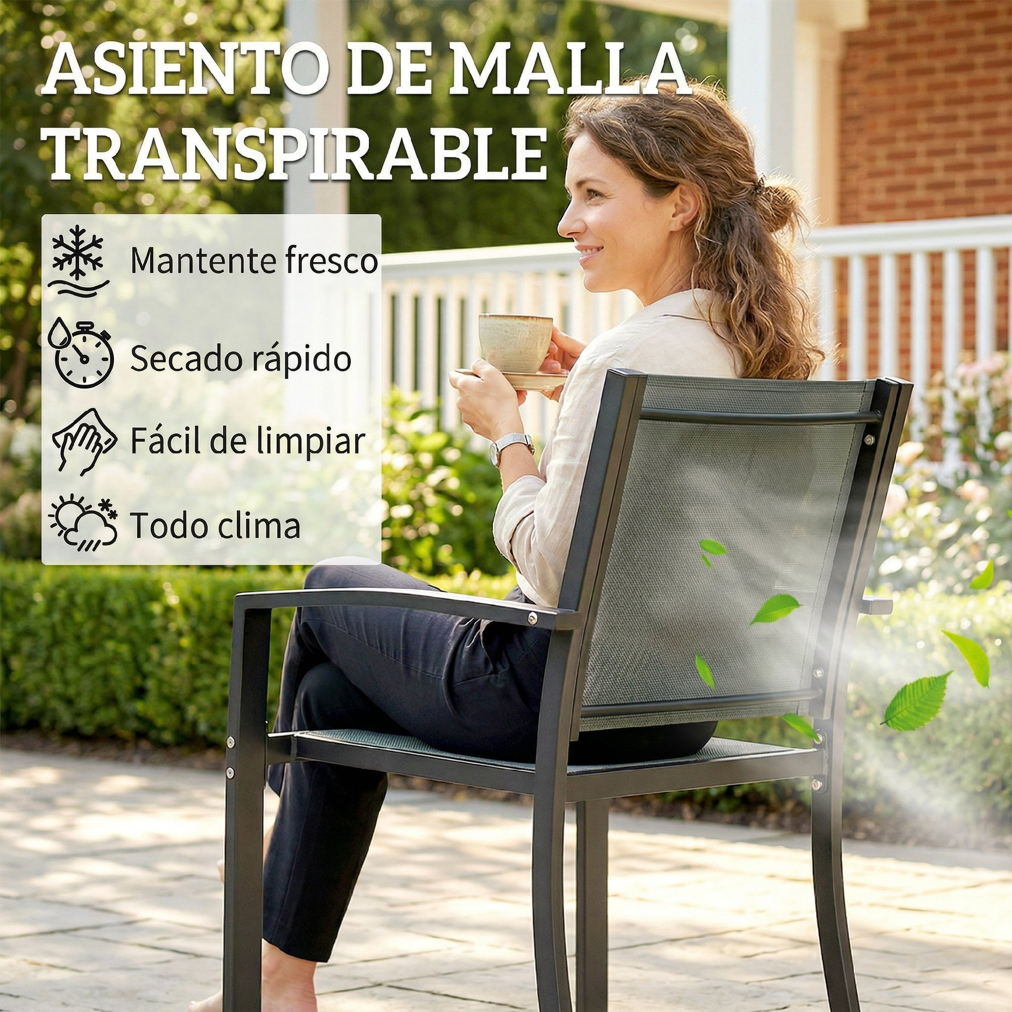 Una mujer sentada en una silla exterior bebiendo café. Hojas flotan.