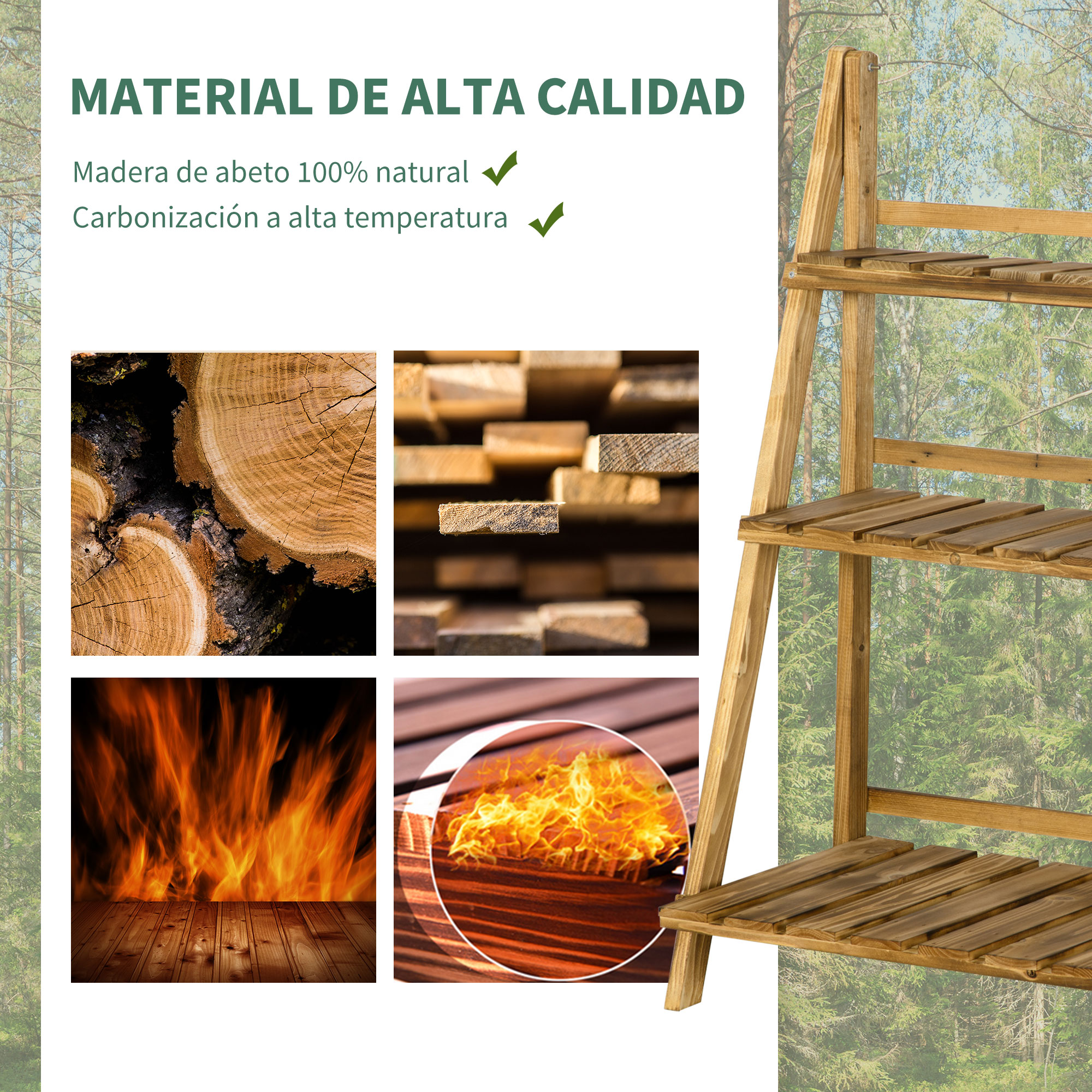 Estantería de madera en bosque con primeros planos de madera y llamas.