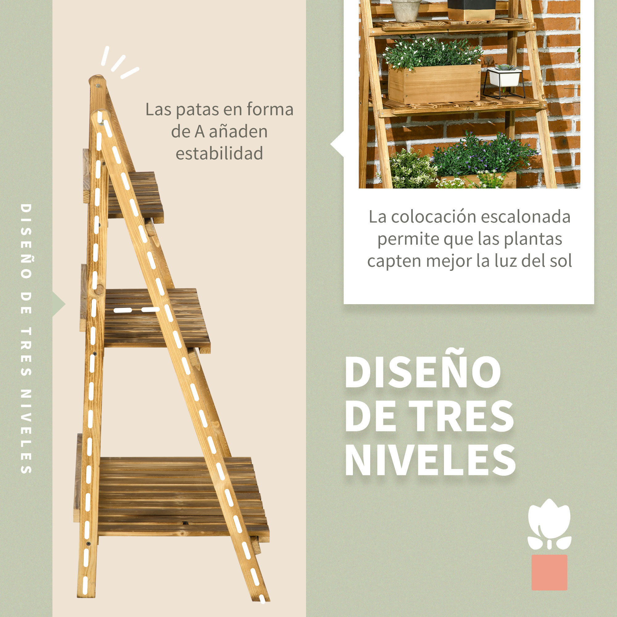 Un estante de madera de tres niveles con plantas y pared de ladrillos.