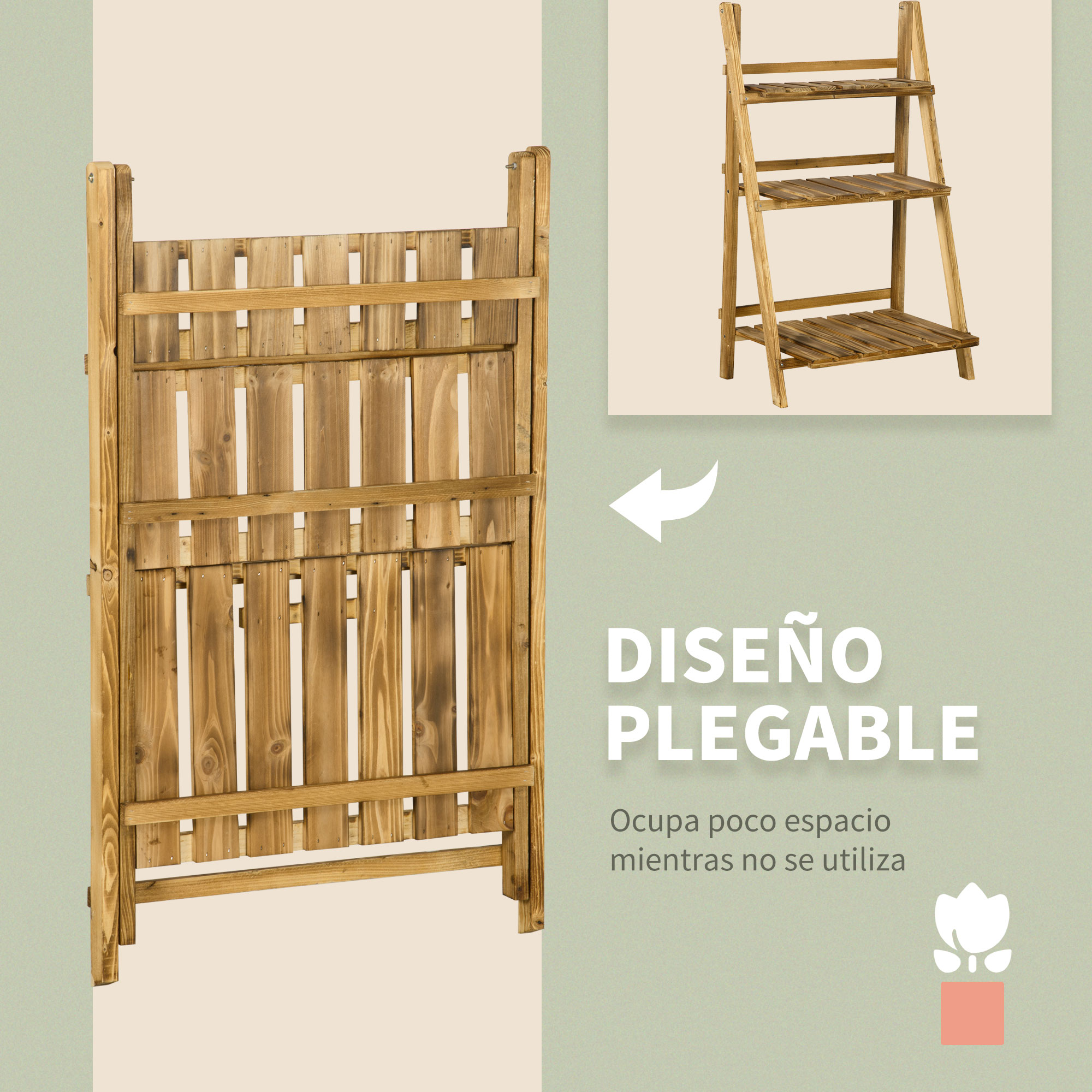 Un estante de madera plegable de varios niveles.