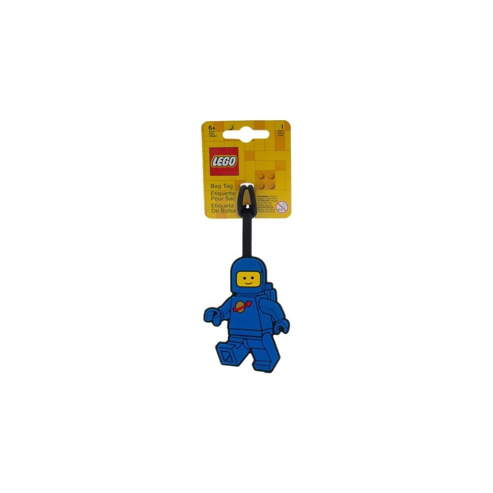 Sarı Lego kartında mavi Lego astronot çanta etiketi.