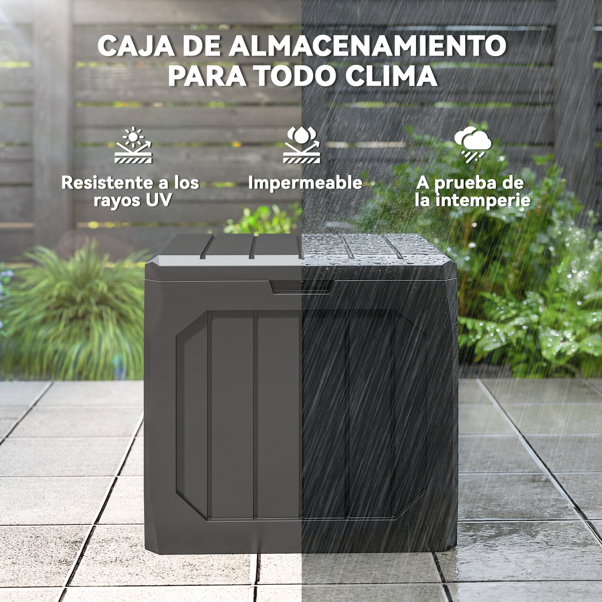 Caja de almacenamiento gris exterior bajo la lluvia, resistente a UV y clima.