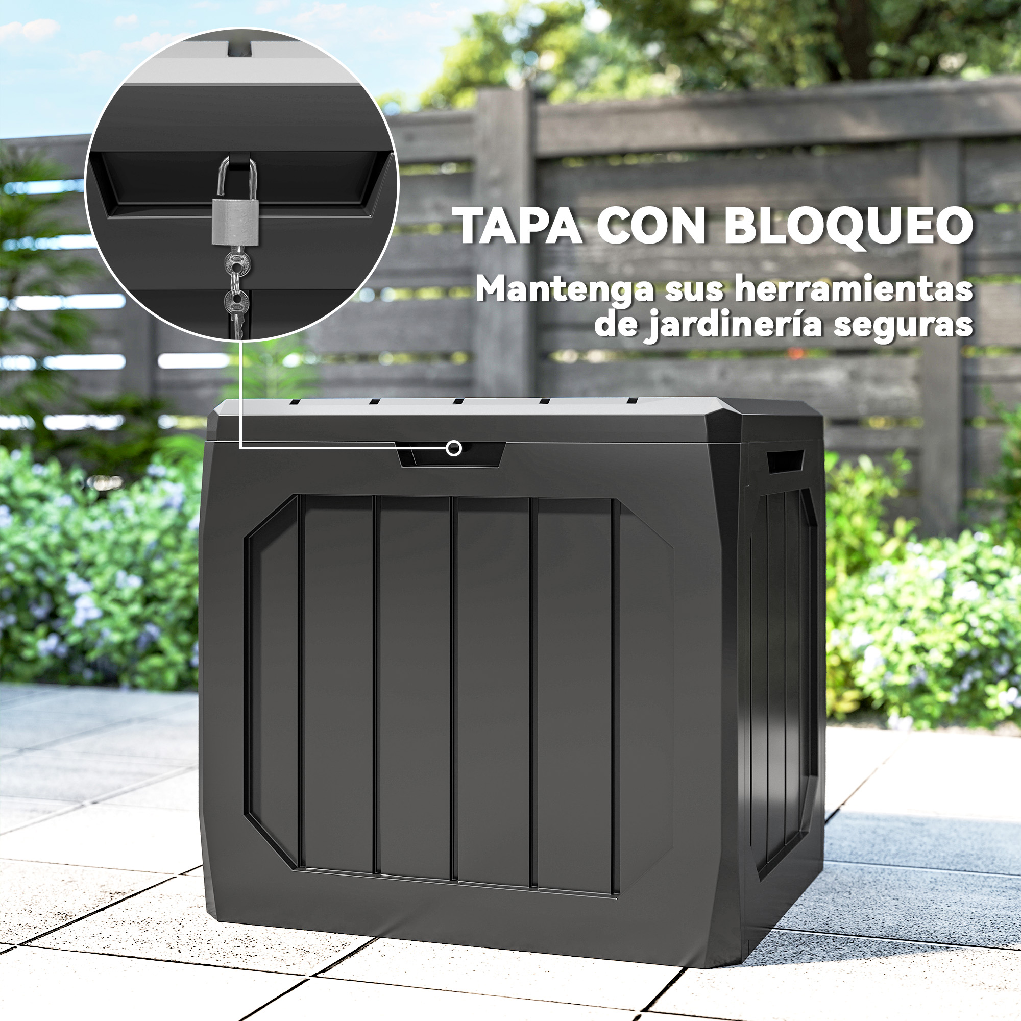 Caja de almacenamiento de jardín gris oscuro con candado plateado.