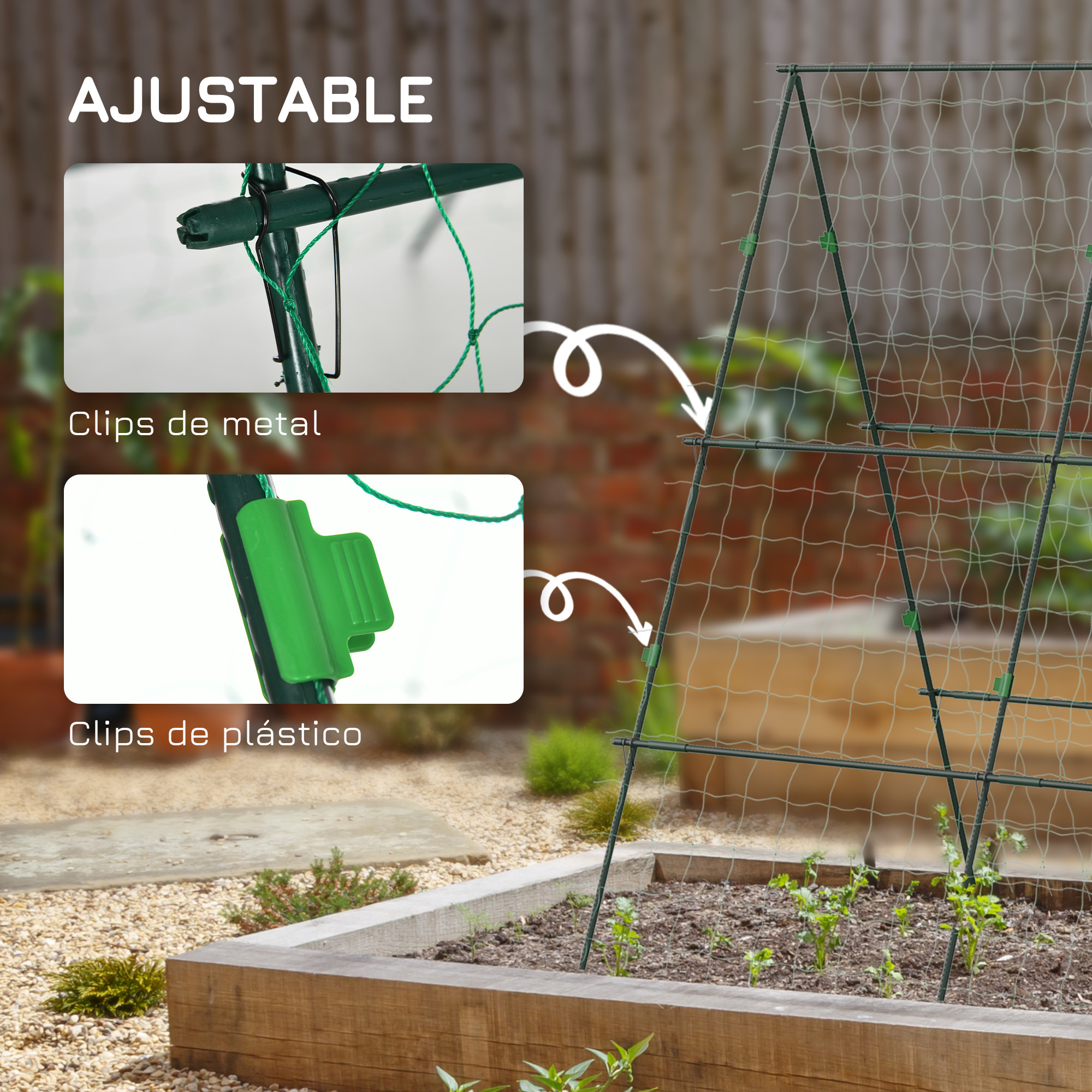 Una celosía ajustable para plantas con red y clips en un bancal.