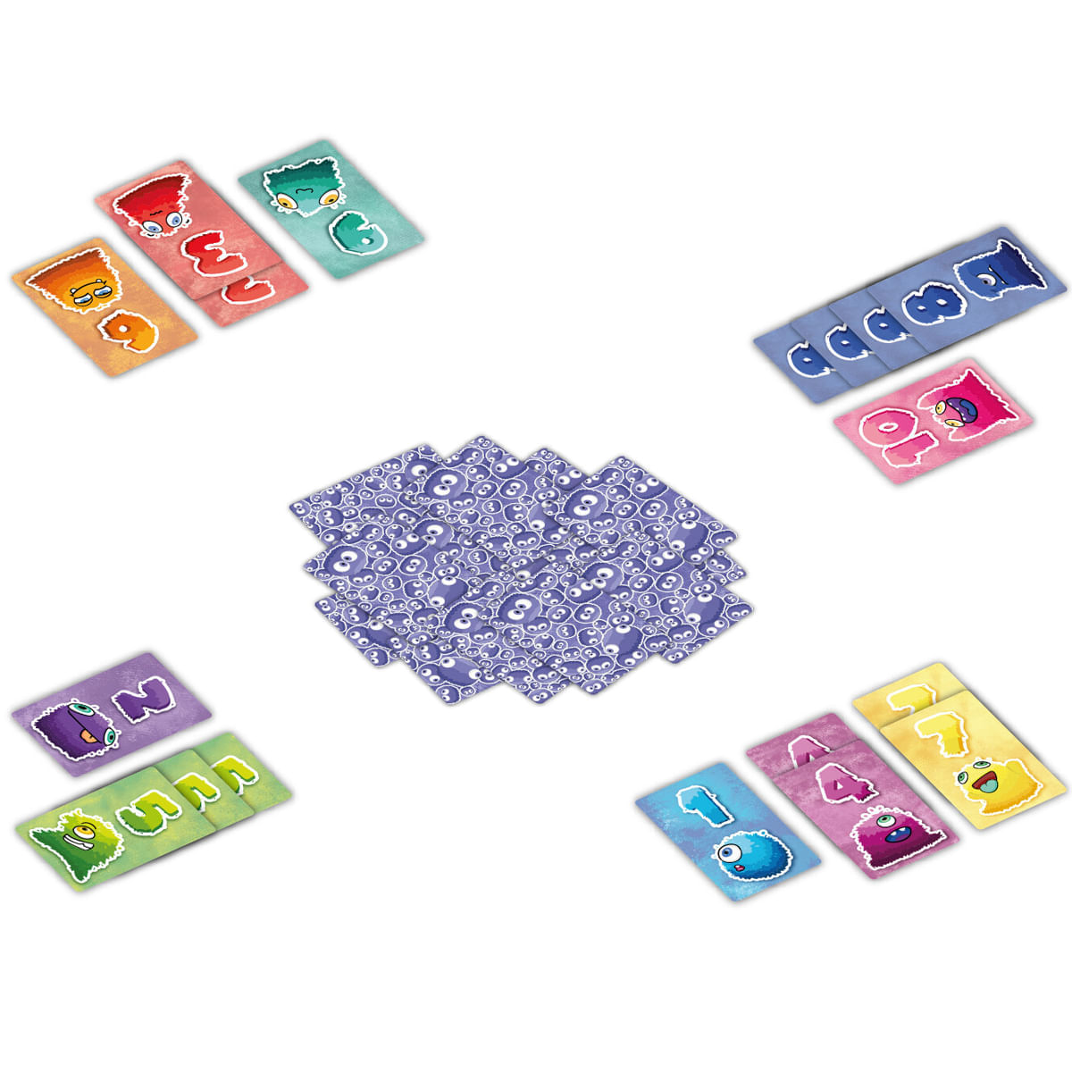 Tarjetas con monstruos y números, sobre fondo blanco.