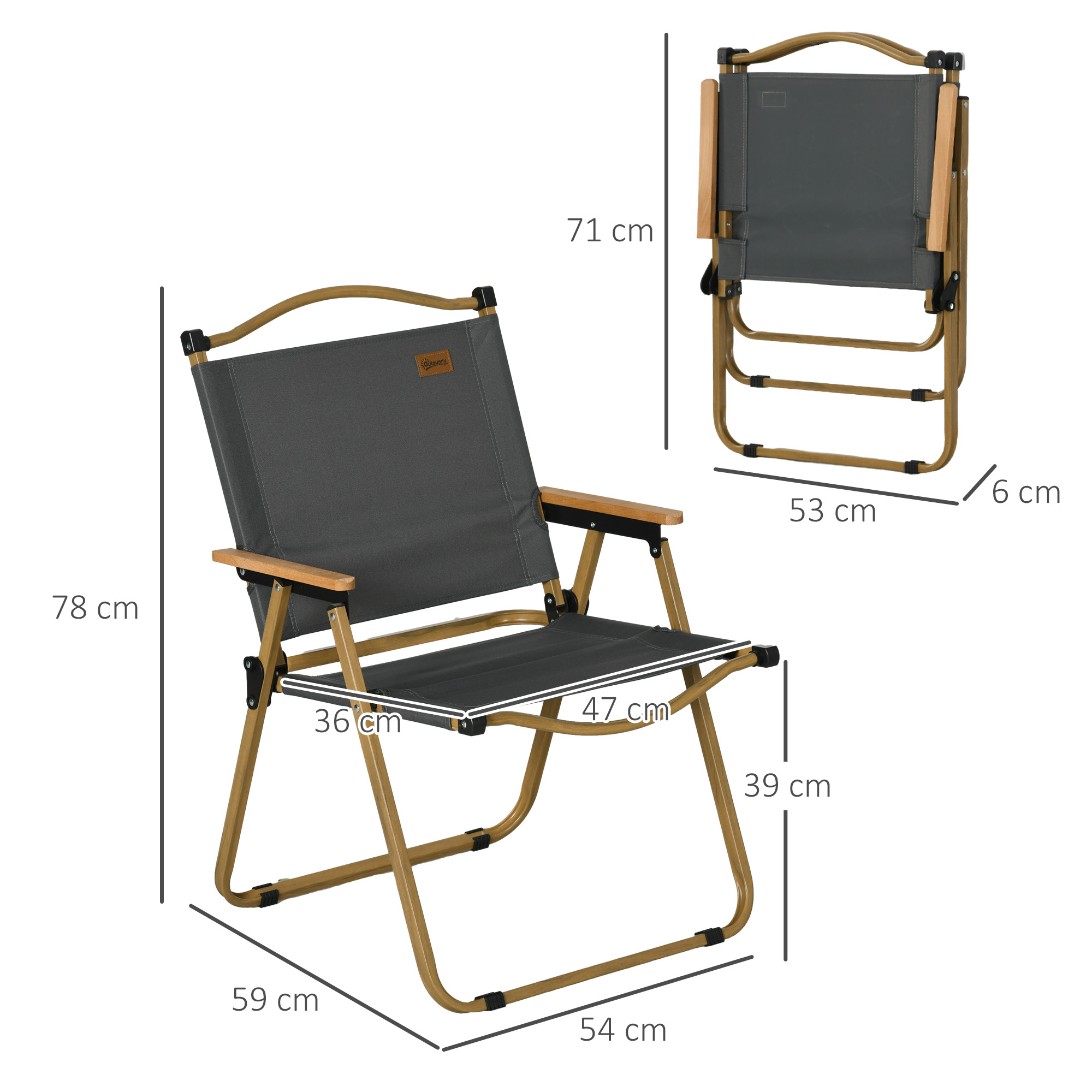 Una silla de camping gris con reposabrazos de madera y marco metálico, se muestran dimensiones.