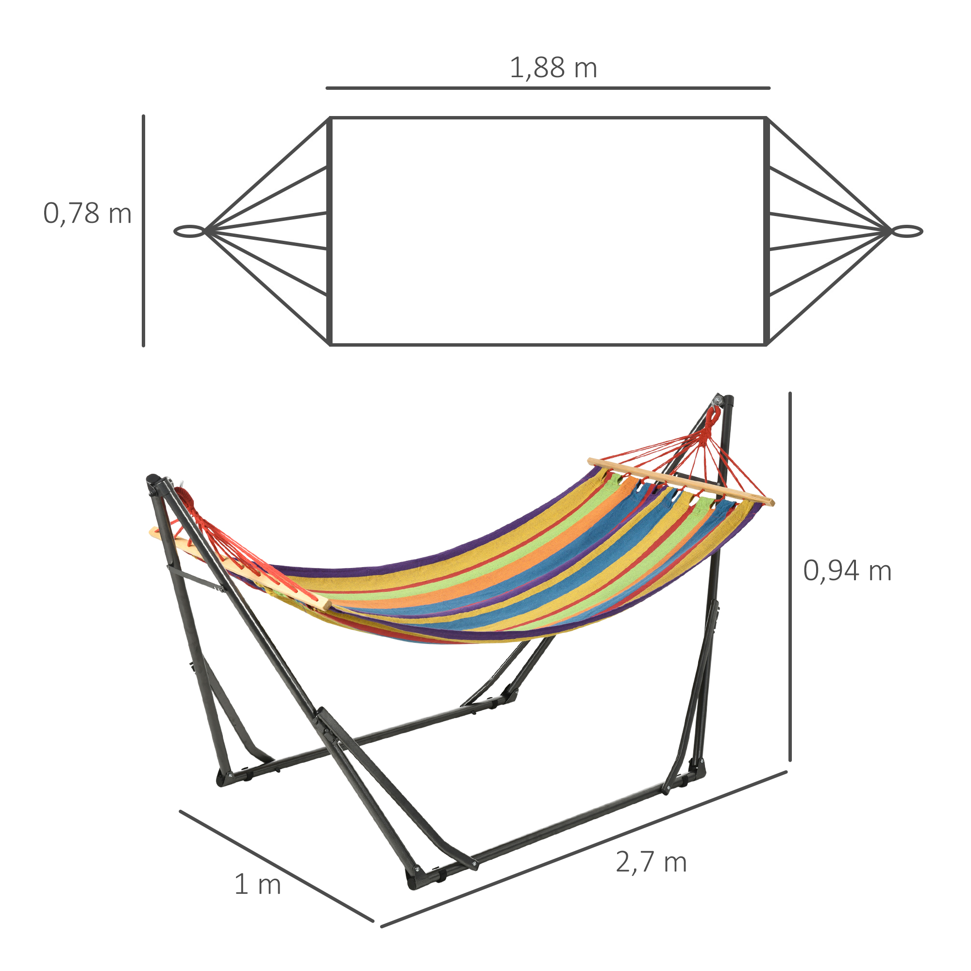 Una hamaca colorida con soporte, se muestran las dimensiones.