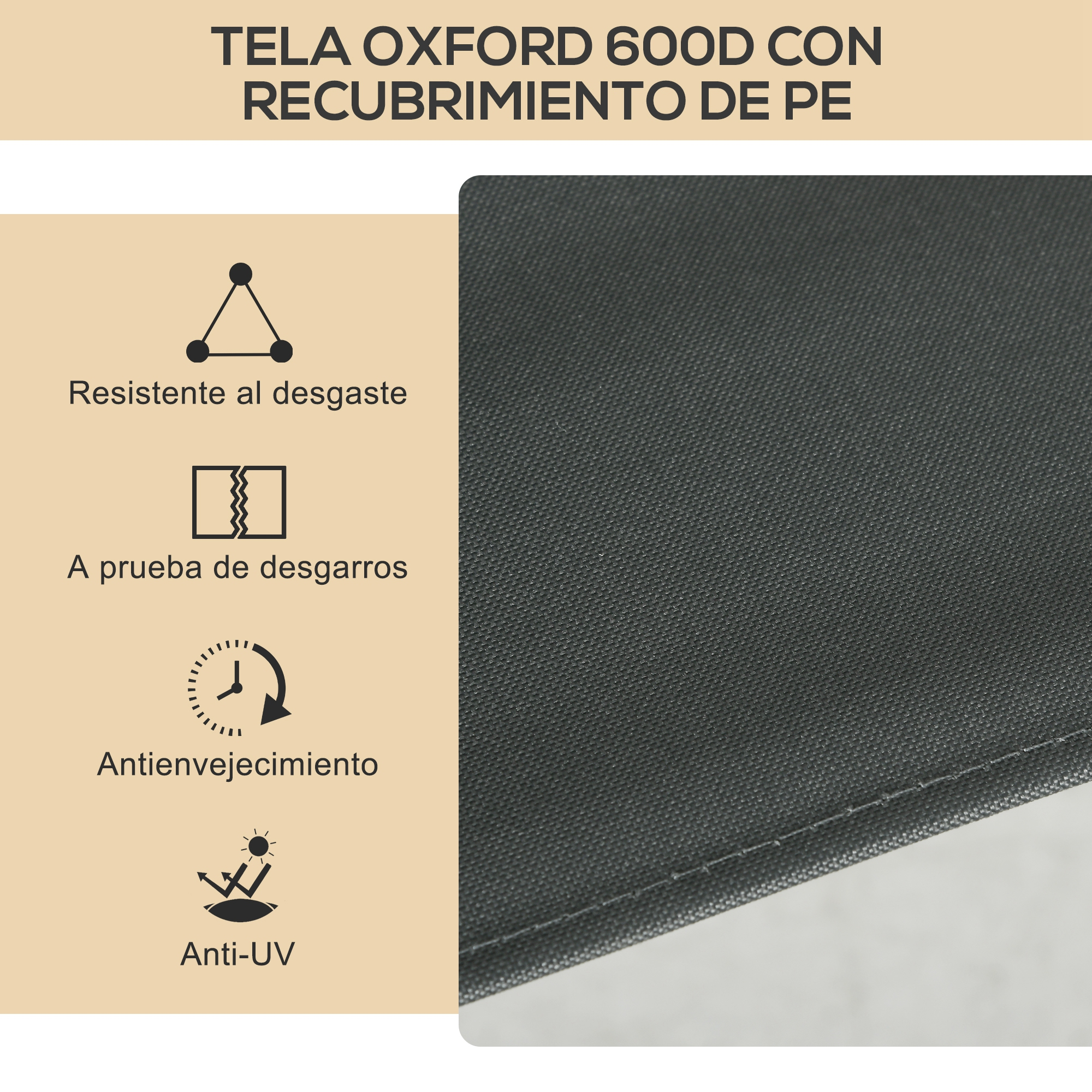 Tela Oxford 600D gris oscuro con recubrimiento de PE, resistente a desgaste, roturas.