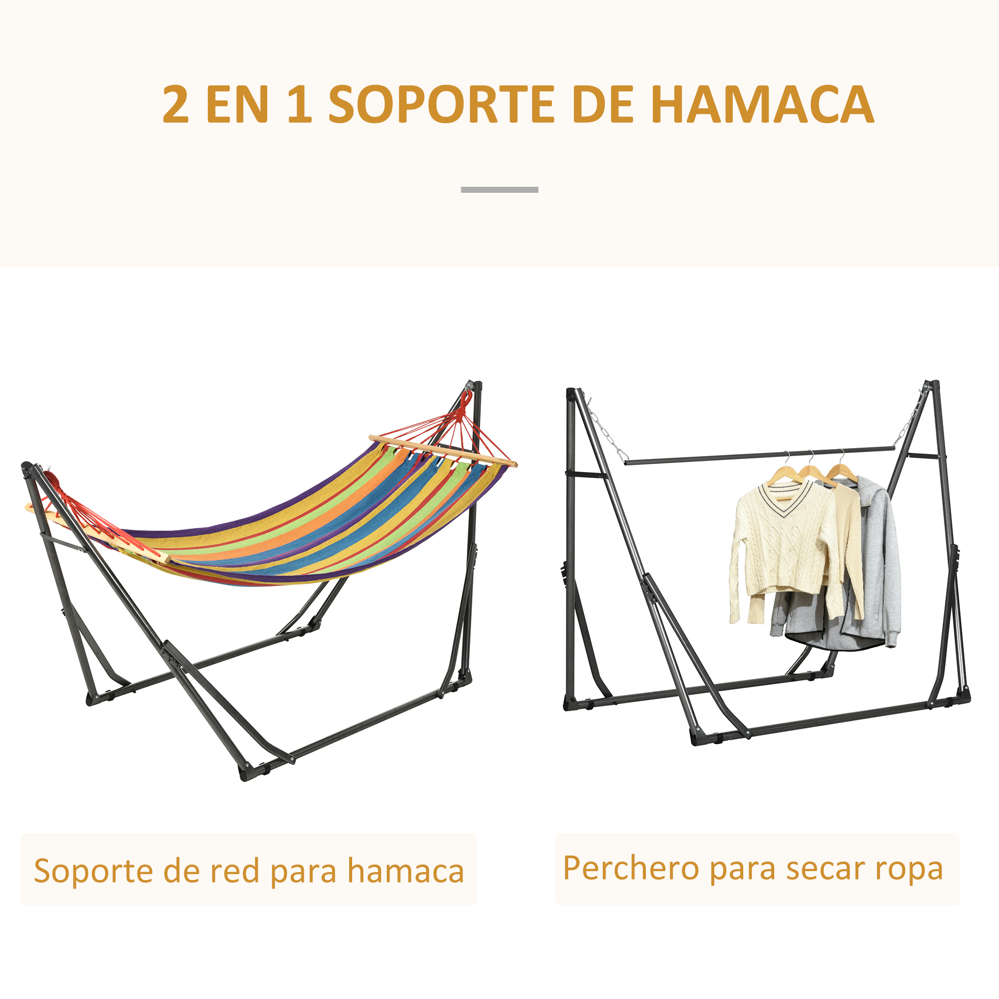 Un soporte con red de hamaca a rayas y un tendedero con ropa.