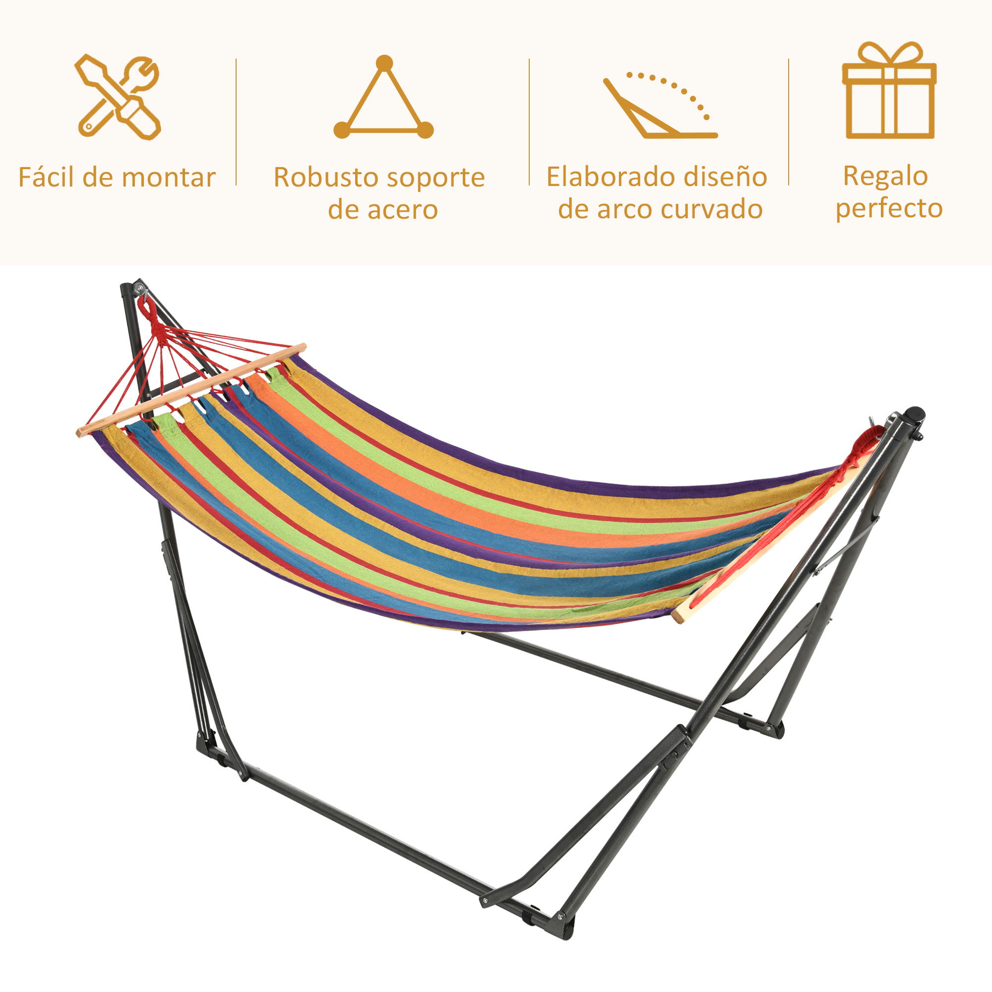 Una hamaca a rayas con soporte de metal, con colores vibrantes como morado, azul, verde, naranja y amarillo.