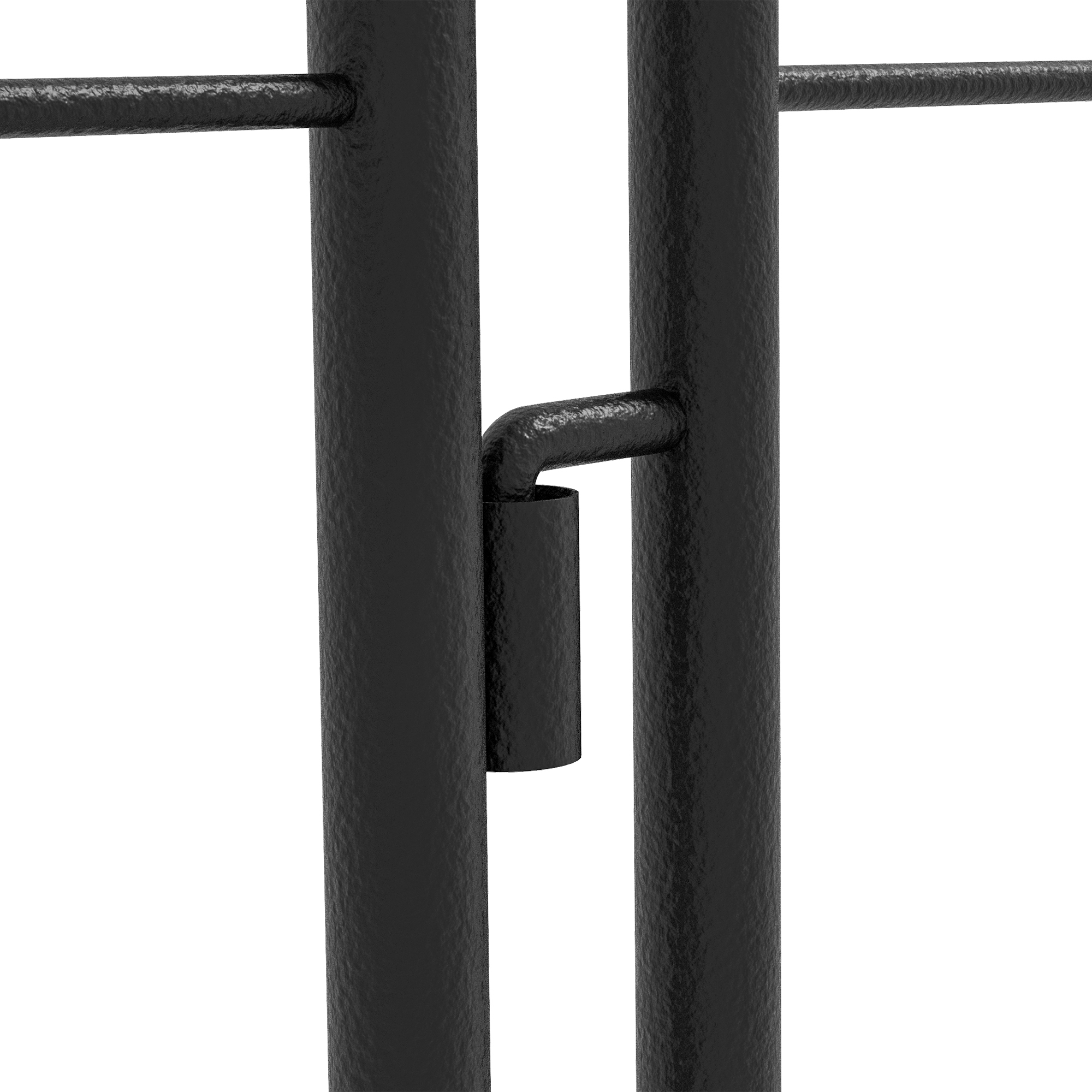 Una bisagra de metal negra conecta dos barras verticales.
