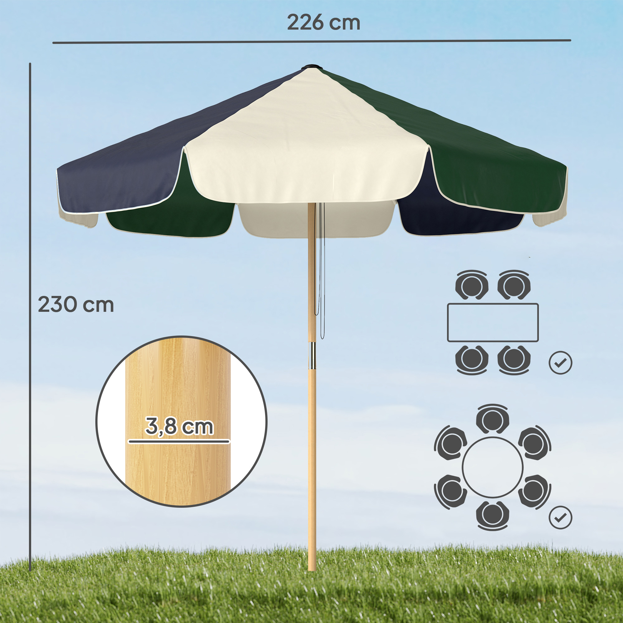 Un parasol de patio, 226cm de ancho y 230cm de alto, con paneles beige, azul marino y verde oscuro.