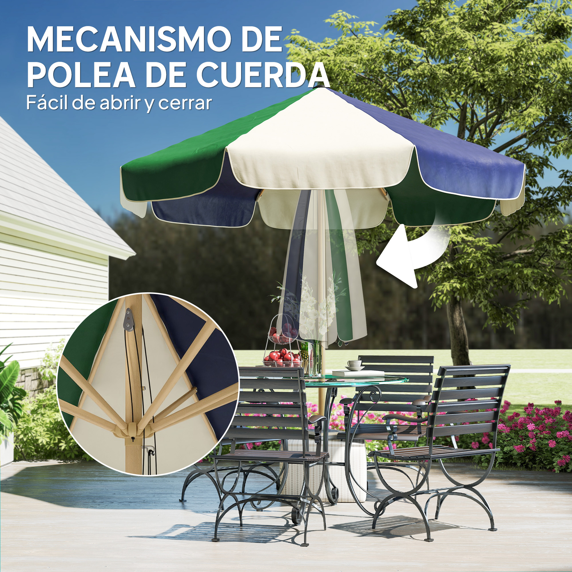 Un paraguas a rayas azules, verdes y blancas sobre una mesa de cristal y cuatro sillas.