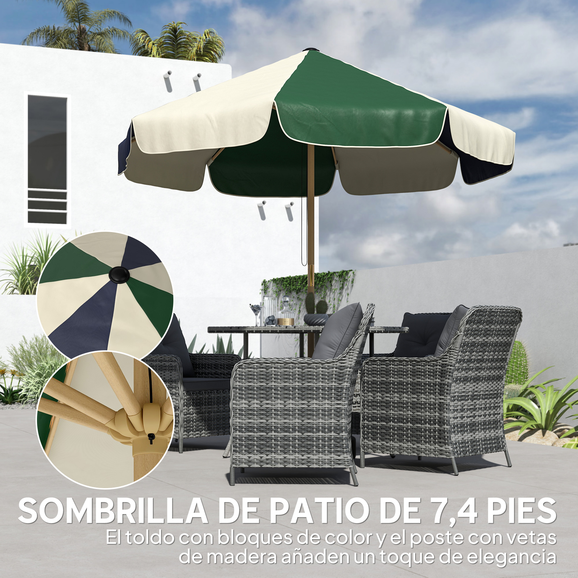 Un parasol de dos tonos con sillas de mimbre grises y mesa en un patio.