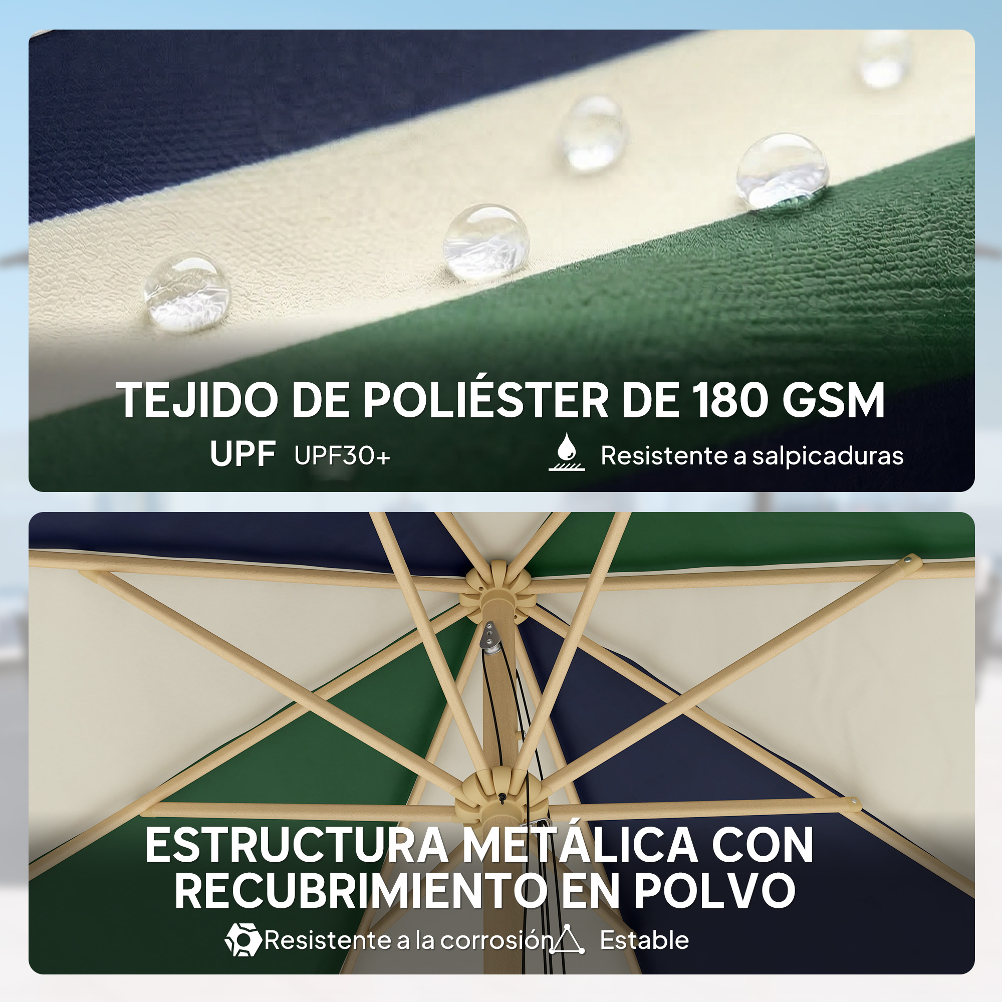 Primer plano de tela a rayas con gotas de agua y estructura de sombrilla.