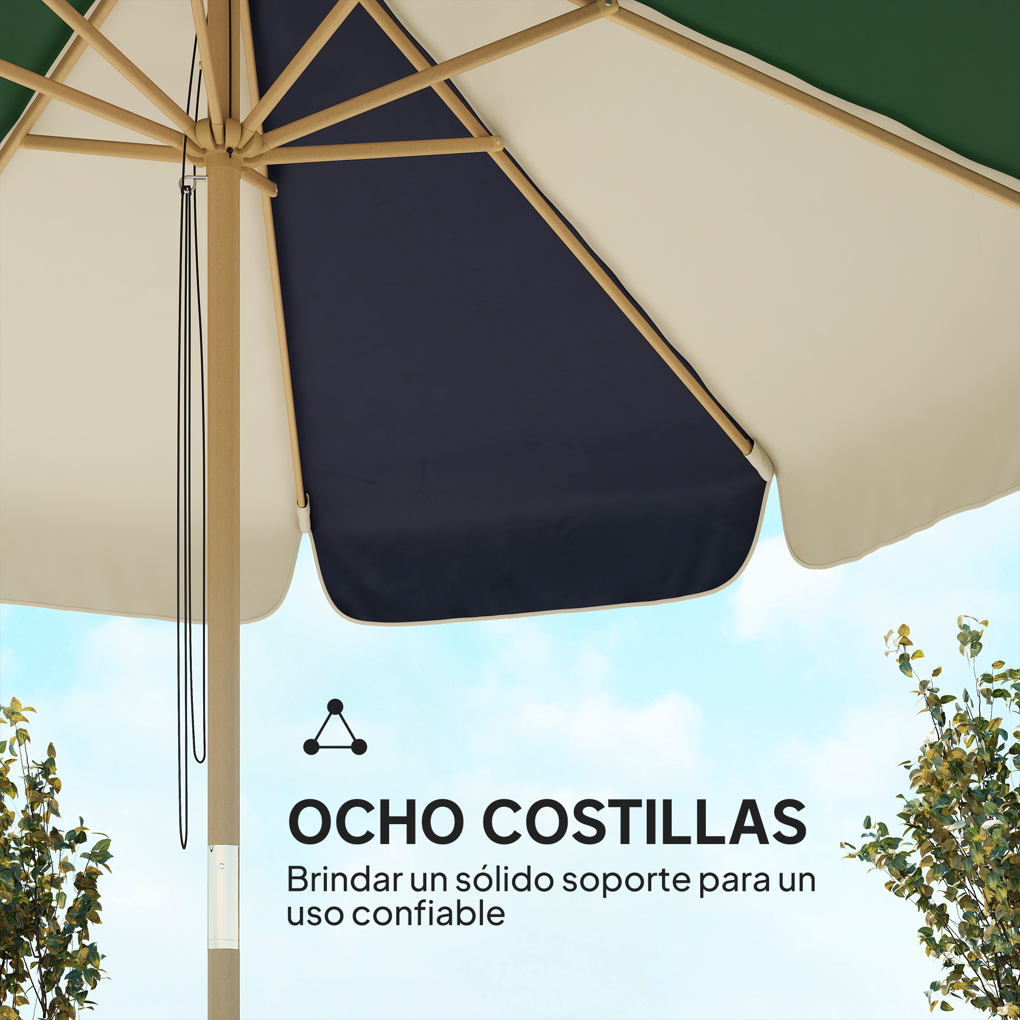 Parasol de patio con varillas de madera, en paneles crema, azul marino y verde.